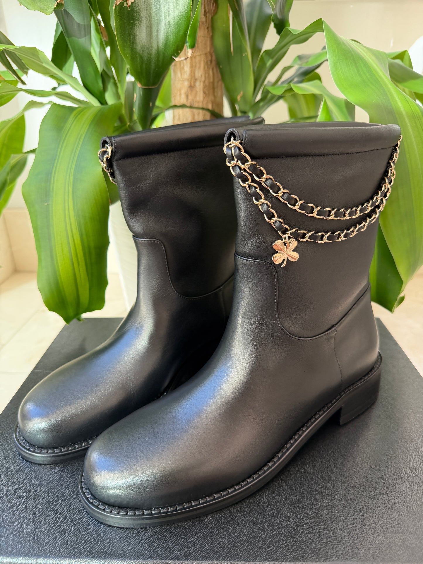 Chanel Calfskin CC Chain Logo Clover Gold Chain Charms Black Leather Boots Ankle Flat Booties