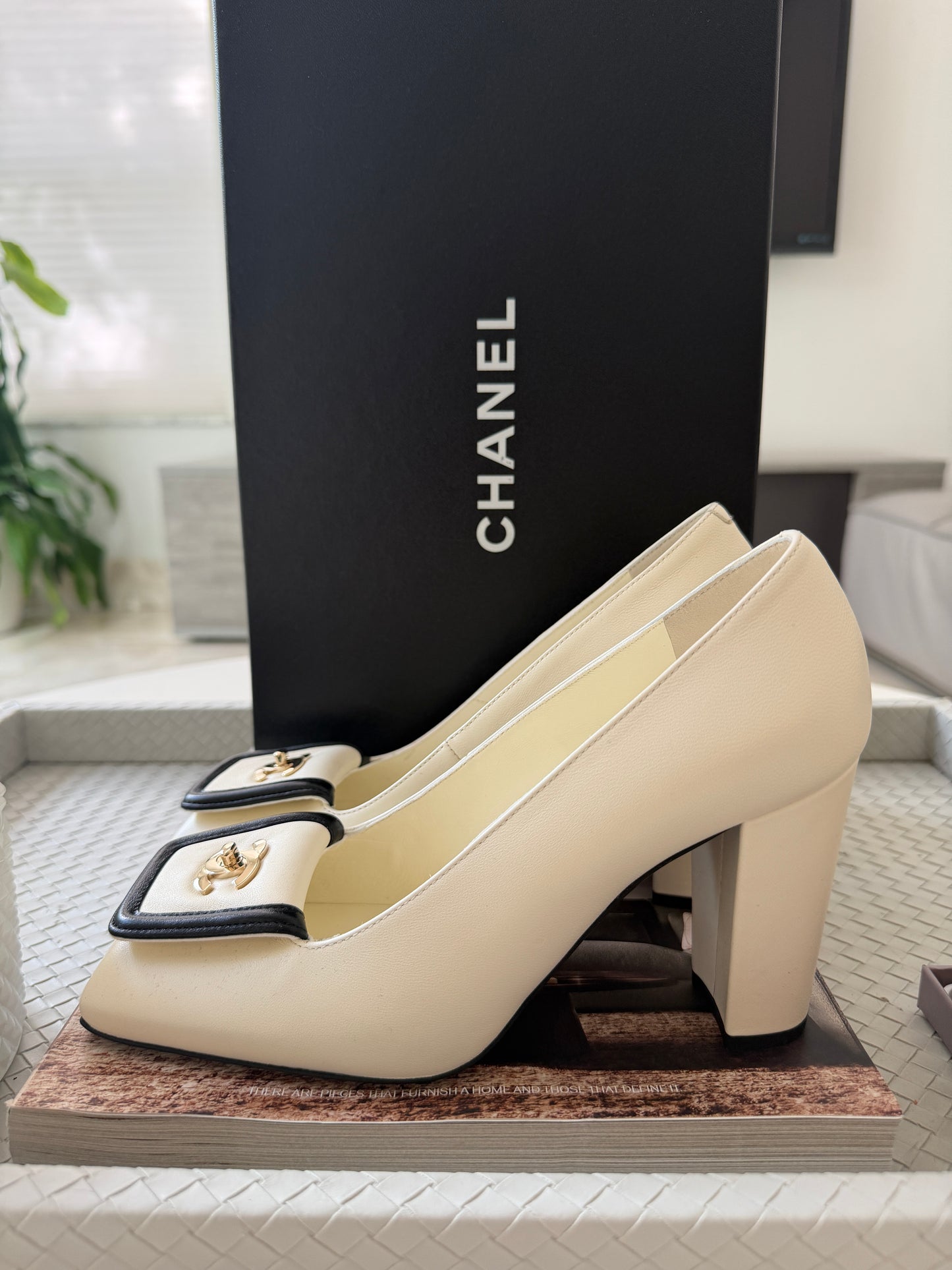 Chanel SS 26 Blazy Ivory Black Lambskin Square Toe CC Logo Turn-lock Pumps Heels