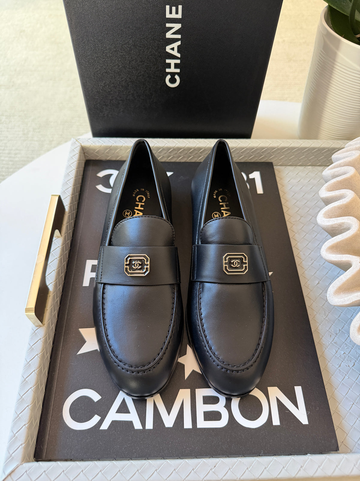 Chanel 2024 Classic Lambskin Leather Black Enamel CC Logo Moccasins Loafers Flats Shoes