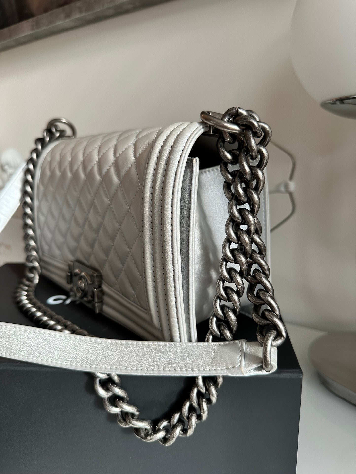 Chanel Old Medium Boy Flap Silver Metallic Gray Lambskin Quilted Handbag Bag Pre-owned