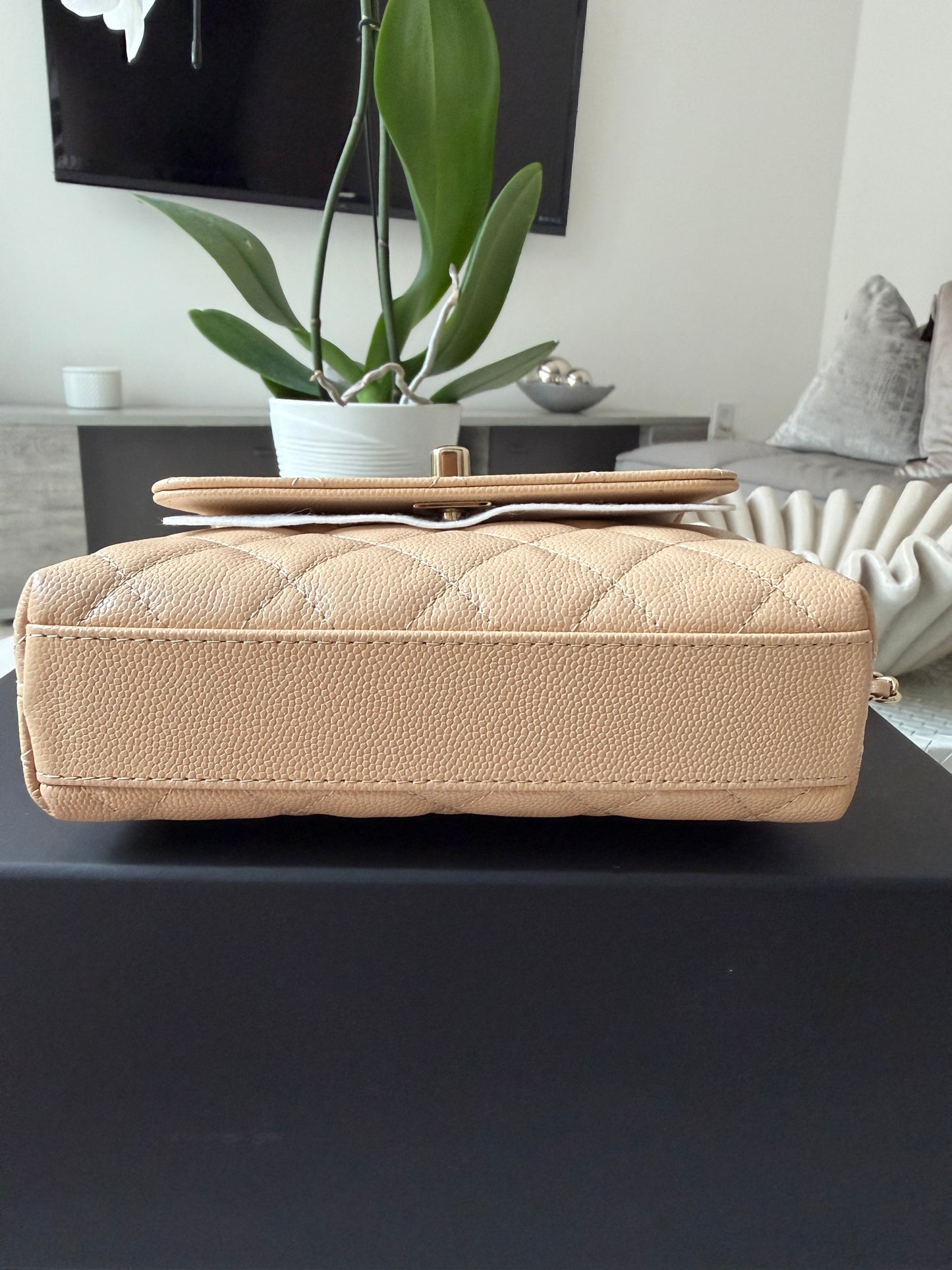 Chanel 24K AP4244 Micro Coco Handle Extra Mini Classic Flap Bag Beige Caviar Clutch with Chain Gold HW