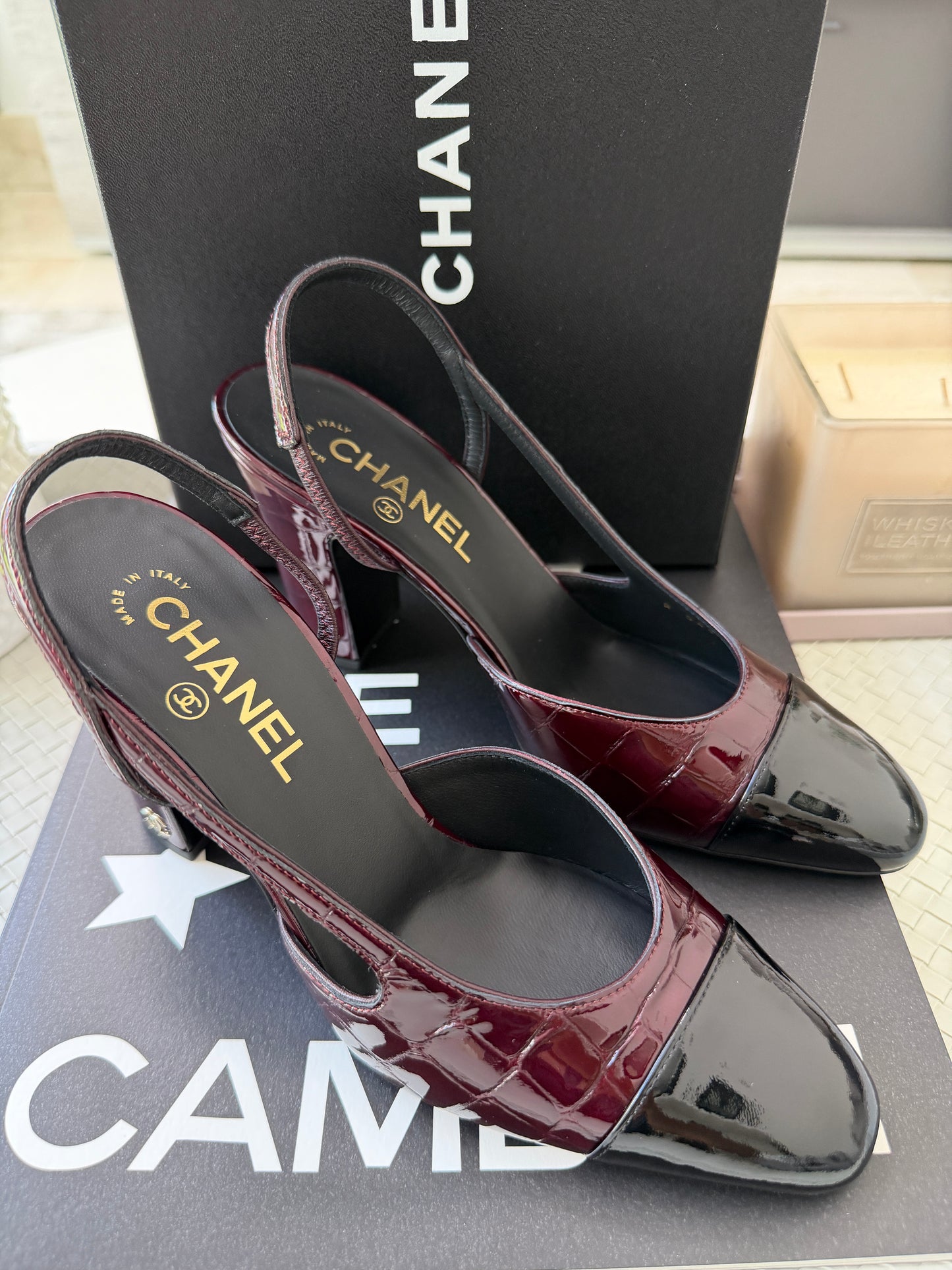 Chanel 26A Coco Sling Burgundy Bordeaux Fonce Croc Embossed Patent Leather Slingback Metiers Dart Pumps Heels