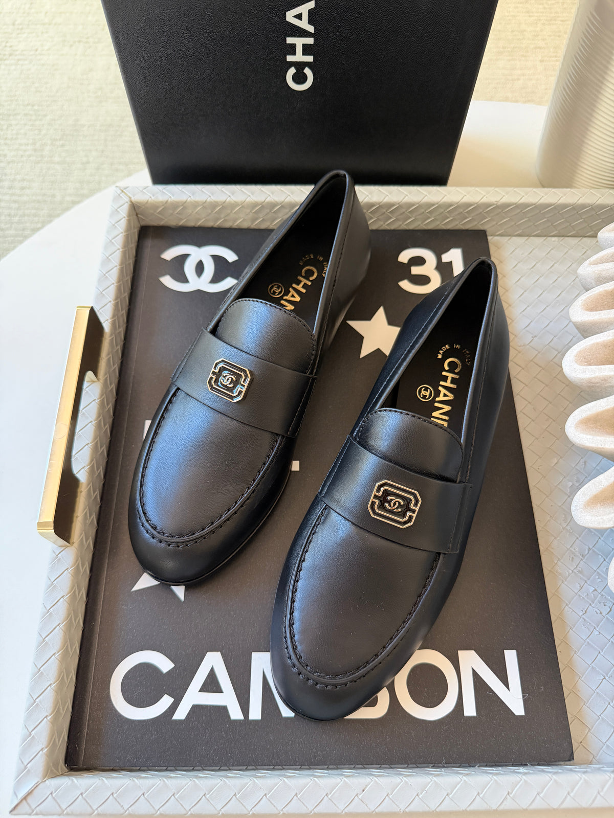 Chanel 2024 Classic Lambskin Leather Black Enamel CC Logo Moccasins Loafers Flats Shoes