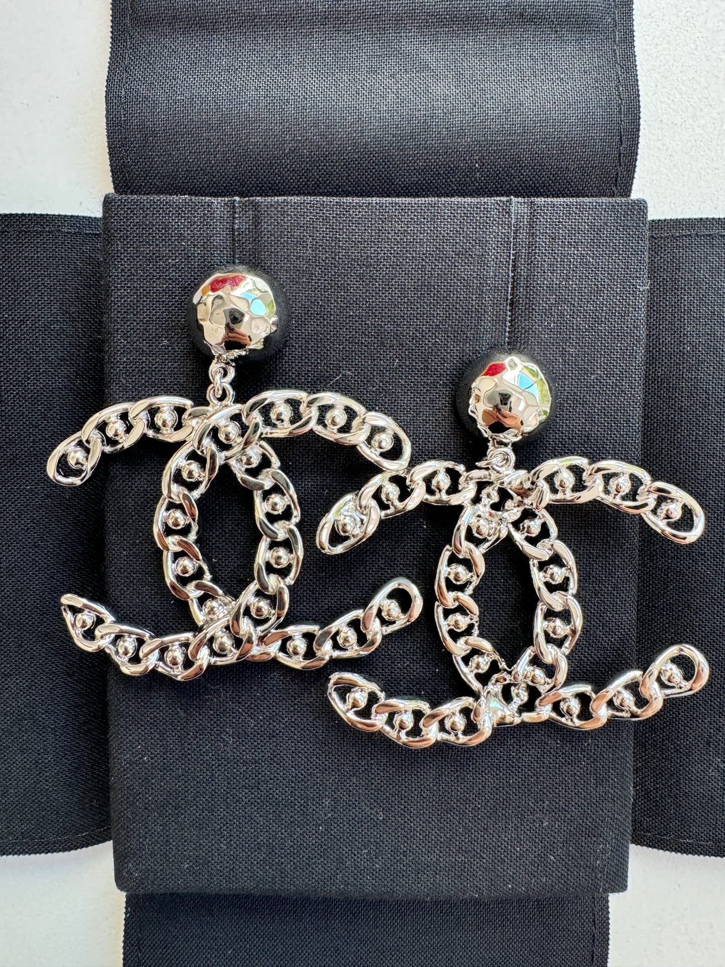 Chanel 22A CC Logo Silver Chain Chained Stud Big Large Drop Dangle Earrings