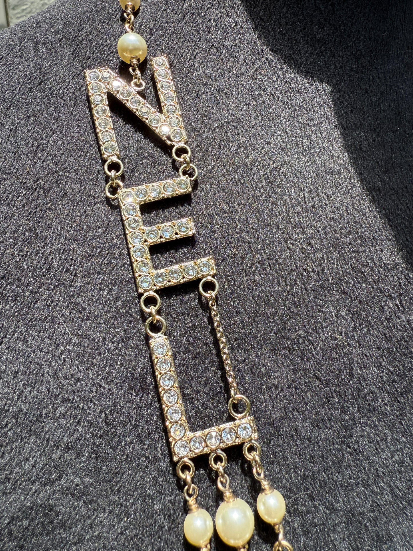 CHANEL 2019S GOLDEN TONE CHA NEL LETTERS LOGO WITH CRYSTALS PEARLS LONG NECKLACE
