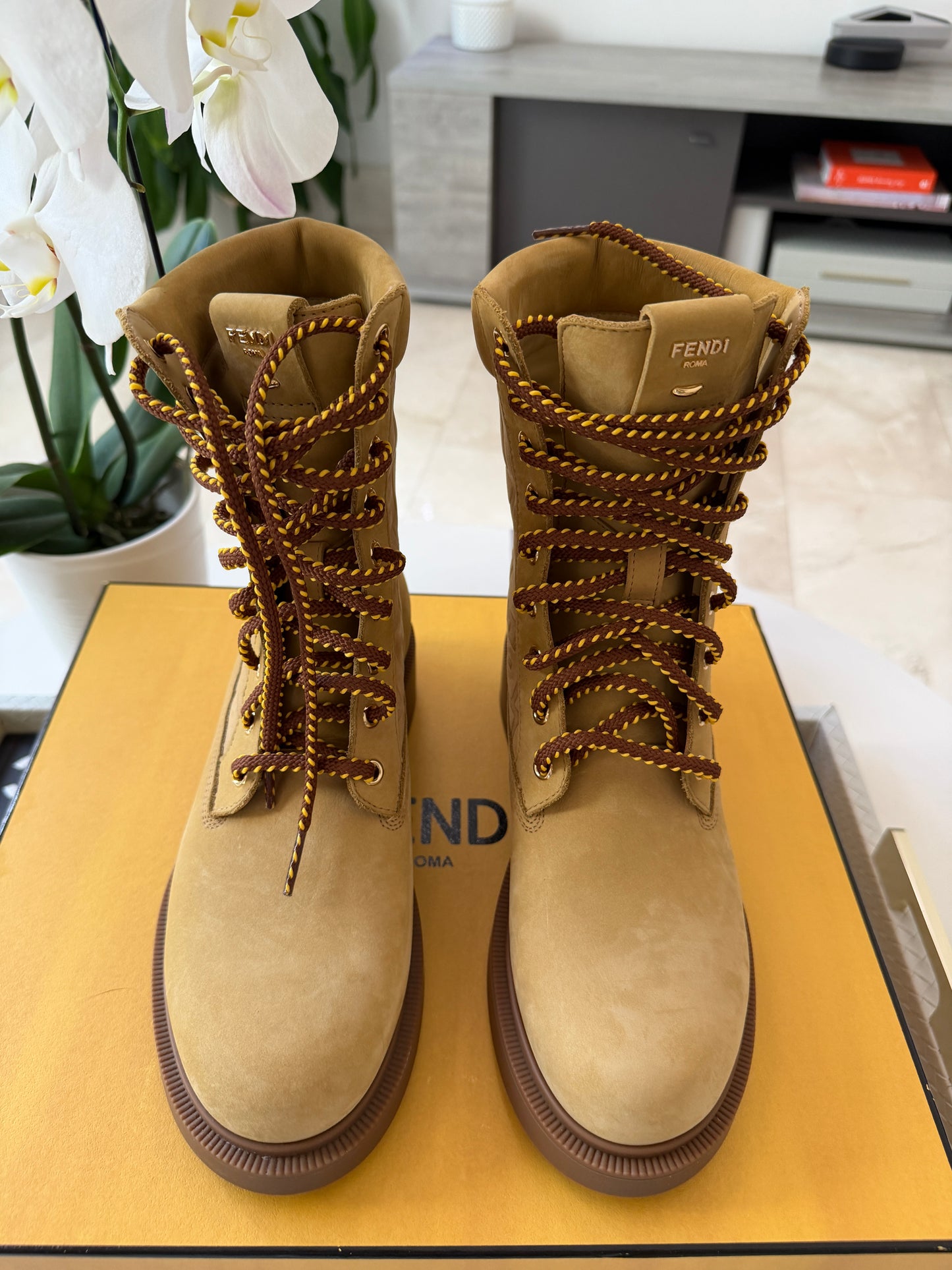 Fendi Filo Beige Nubuck FF Embossed Logo Lace Up Tie Combat Ankle Biker Boots