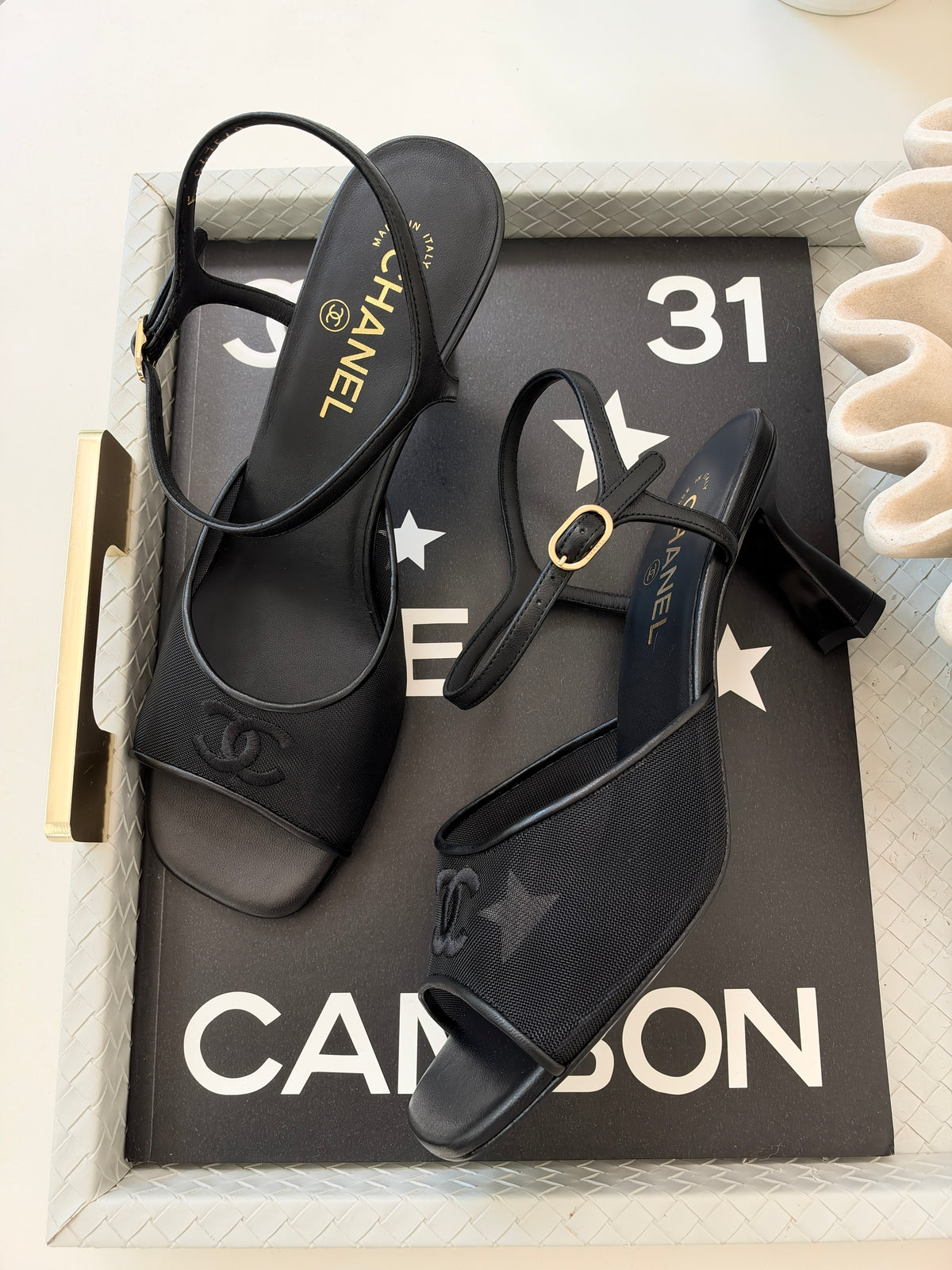 CHANEL 26 BLAZY BLACK MESH LAMBSKIN OPEN TOE CC LOGO SANDALS HEELS SHOES