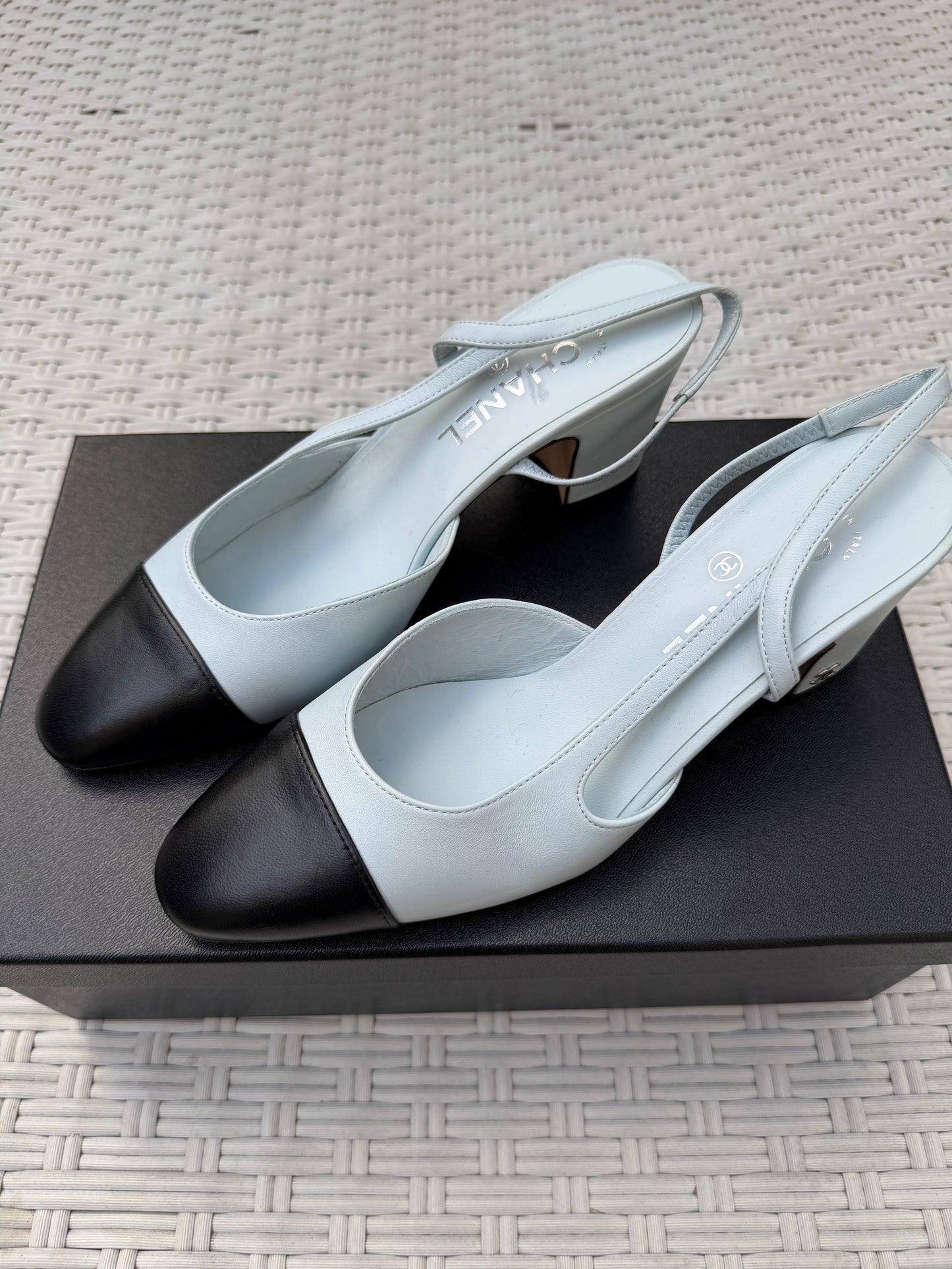 CHANEL CLASSIC LOGO LIGHT BLUE LEATHER SLINGBACK LOW HEEL SLINGBACKS CAP TOE