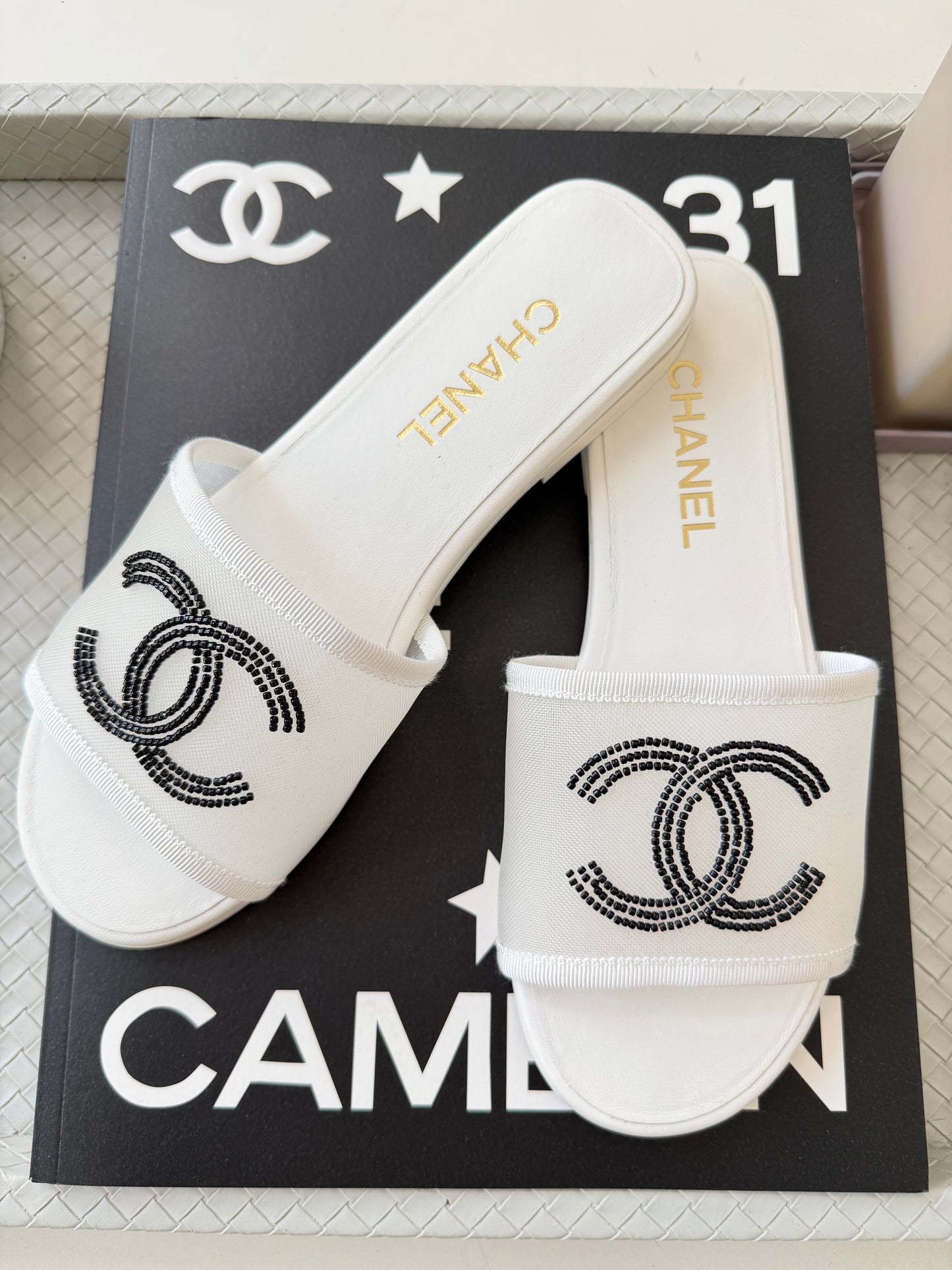 Chanel Blazy White Mesh Black Beads CC Logo Slides Sandals Mules Slide Flats