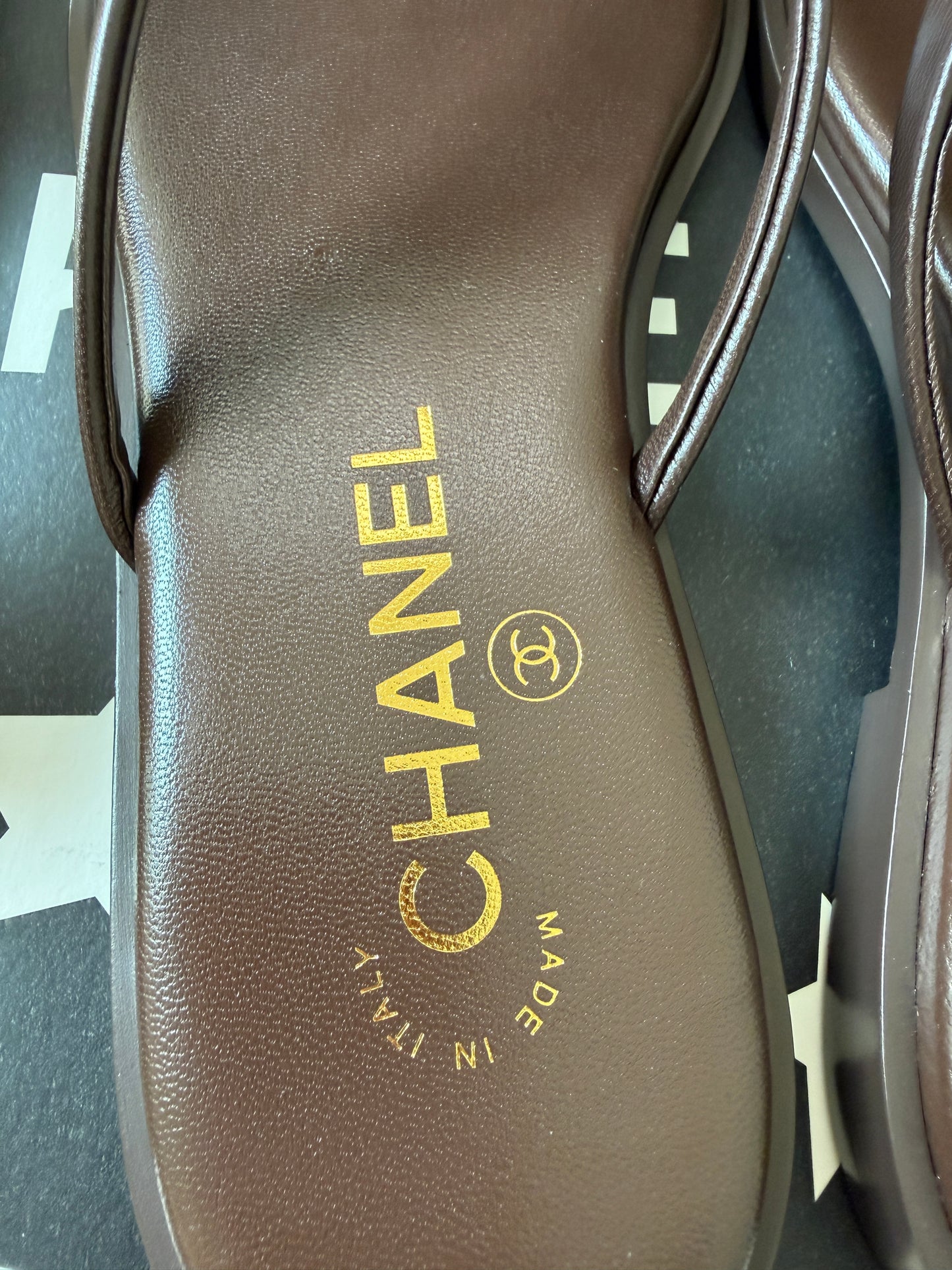 Chanel 2026 MÉTIERS D’ART Brown Leather Gold CC Logo Flip Flops Slides Flat Sandals Thongs 26A