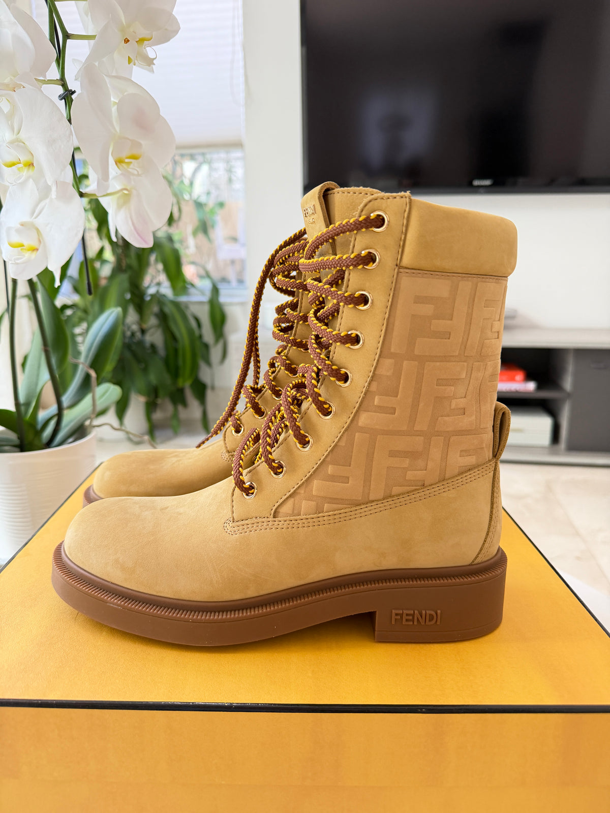 Fendi Filo Beige Nubuck FF Embossed Logo Lace Up Tie Combat Ankle Biker Boots