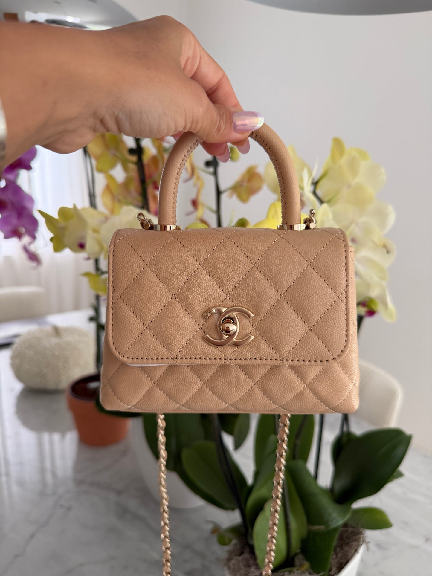 Chanel 24K AP4244 Micro Coco Handle Extra Mini Classic Flap Bag Beige Caviar Clutch with Chain Gold HW