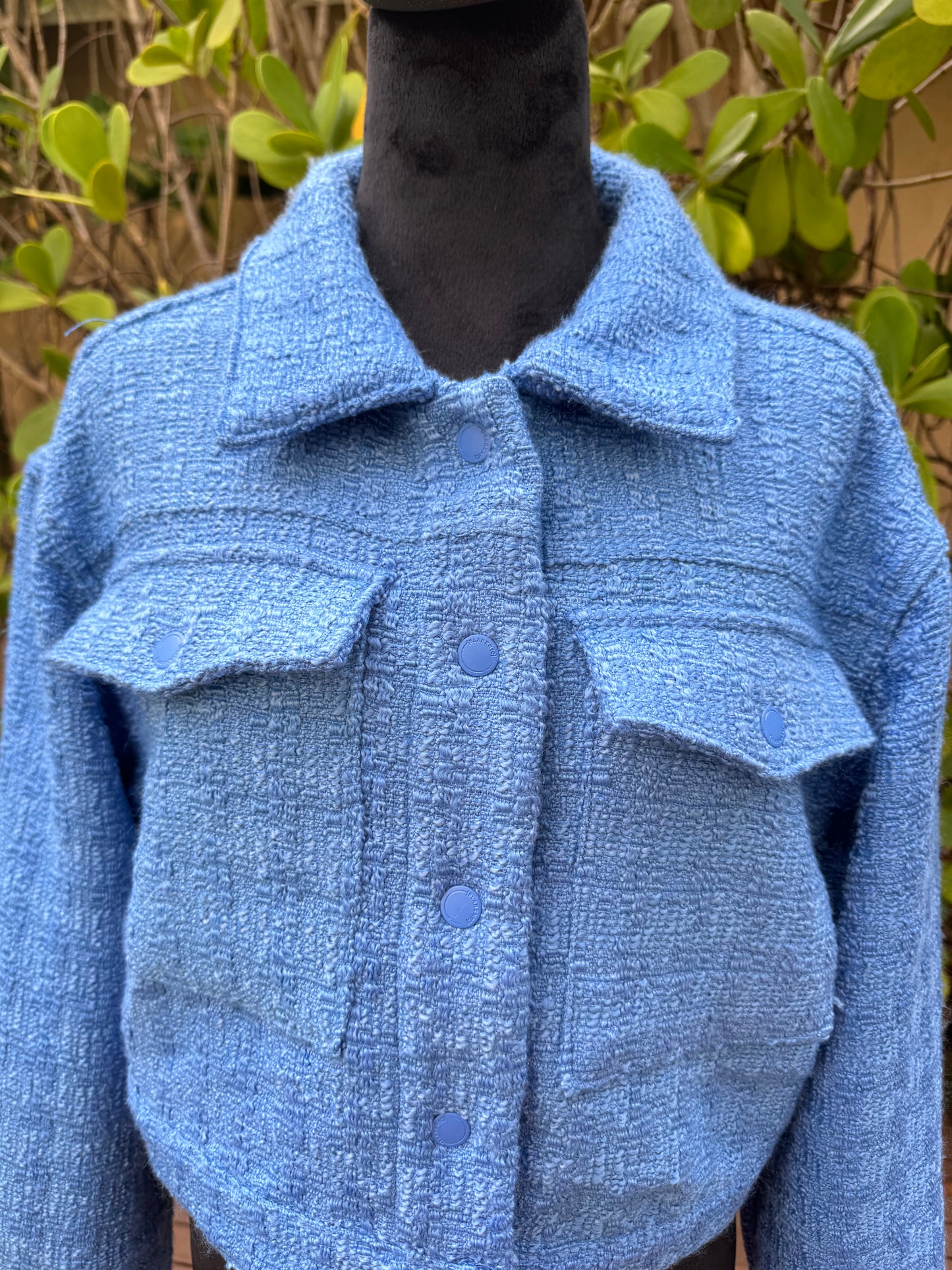 BLANKNYC Blank NYC Bright Blue Tweed Cropped Jacket Pockets