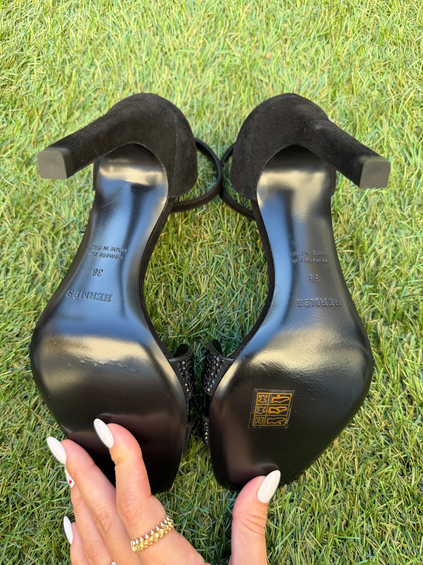Hermes Joy 105 Noir Black Suede Crystal Strass Ankle Strap Sandal Heels