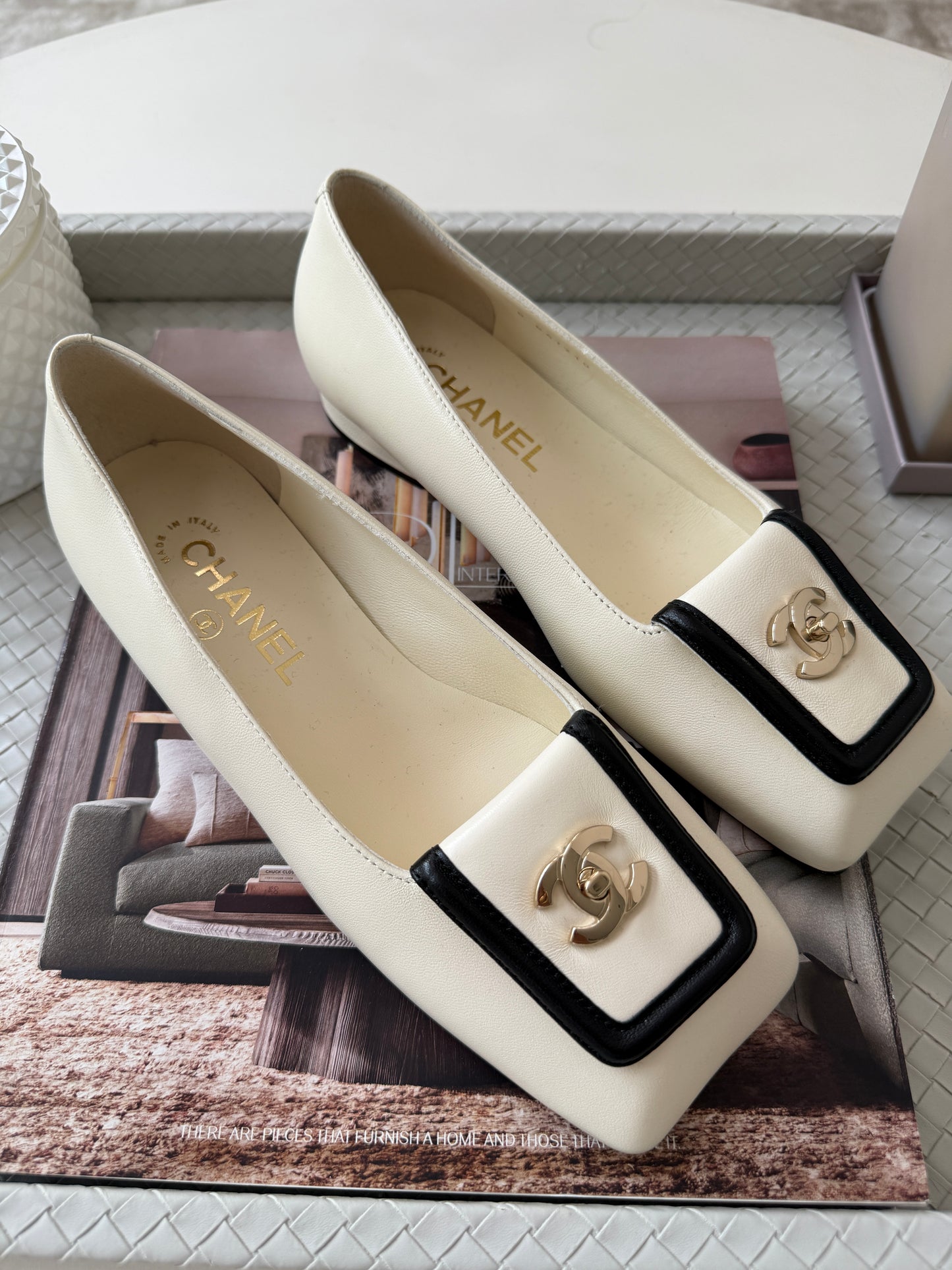 Chanel SS 26 Blazy Ivory Lambskin Square Toe CC Logo Turn-lock Ballet Flats