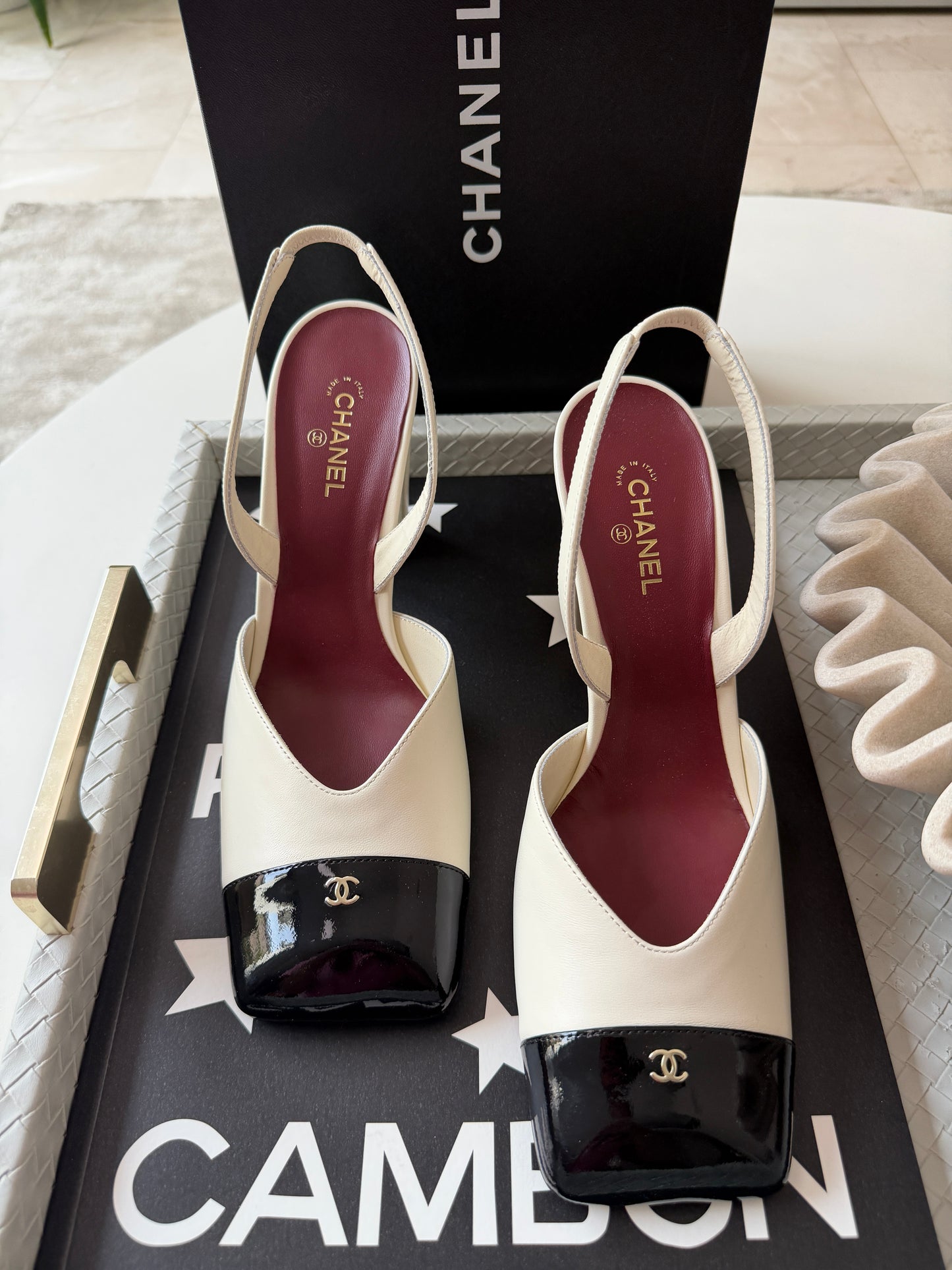 Chanel 26S Blazy Ivory Ecru Black Square Cap Toe Sling CC Slingback Chunky Heel Pumps