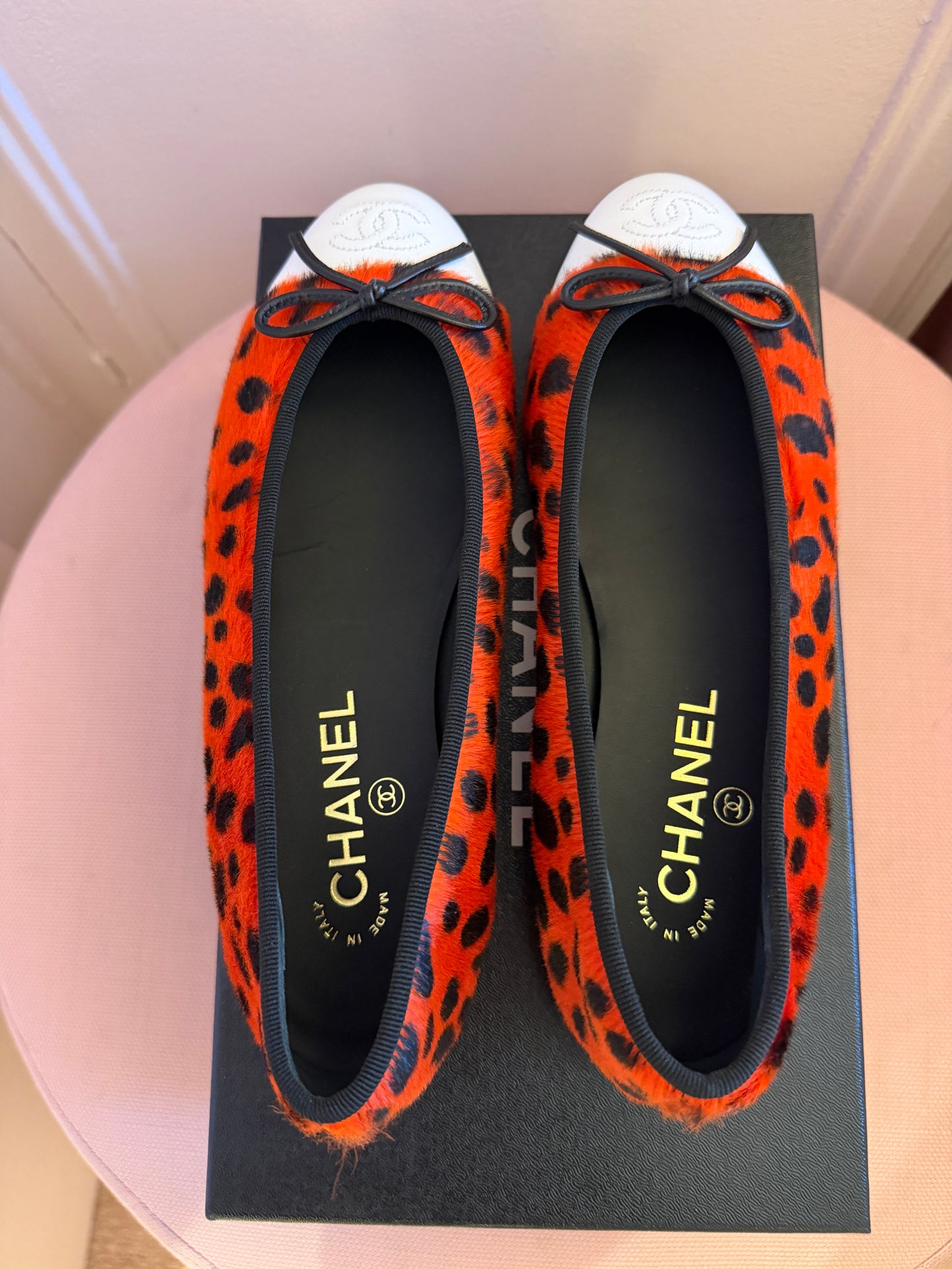 Chanel MÉTIERS D’ART 26 Red Orange Black White Pony Hair Animal Print Ballet Flats