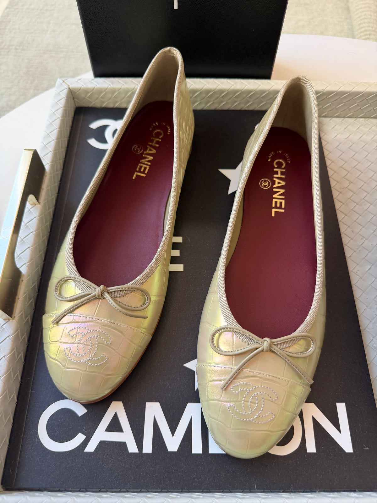 Chanel 26K Yellow Crocodile Croc Embossed Iridescent Cap Toe Ballet Flats