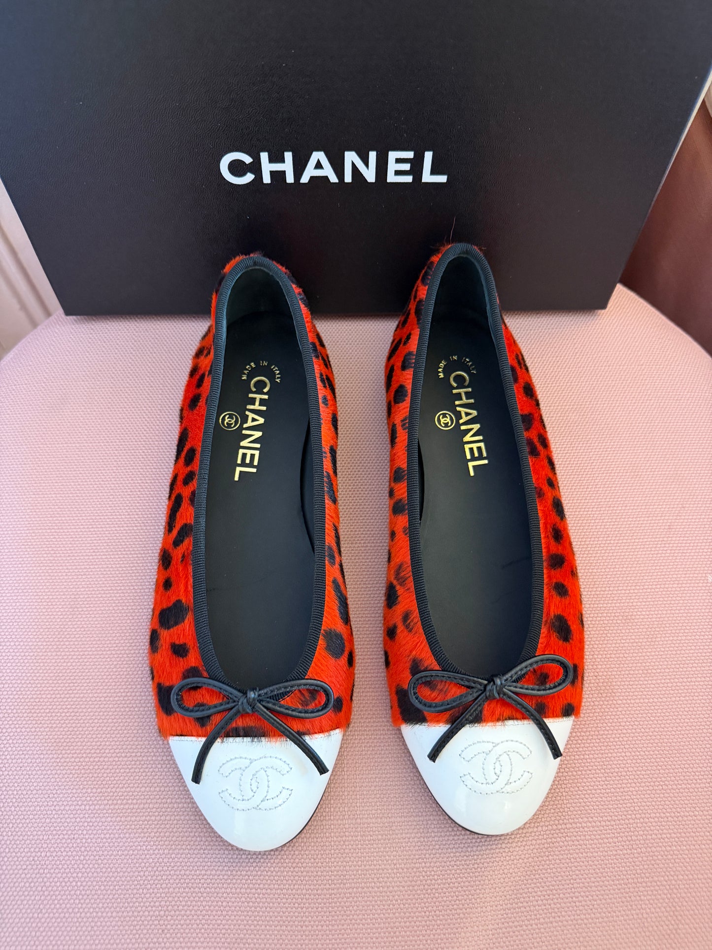 Chanel MÉTIERS D’ART 26 Red Orange Black White Pony Hair Animal Print Ballet Flats