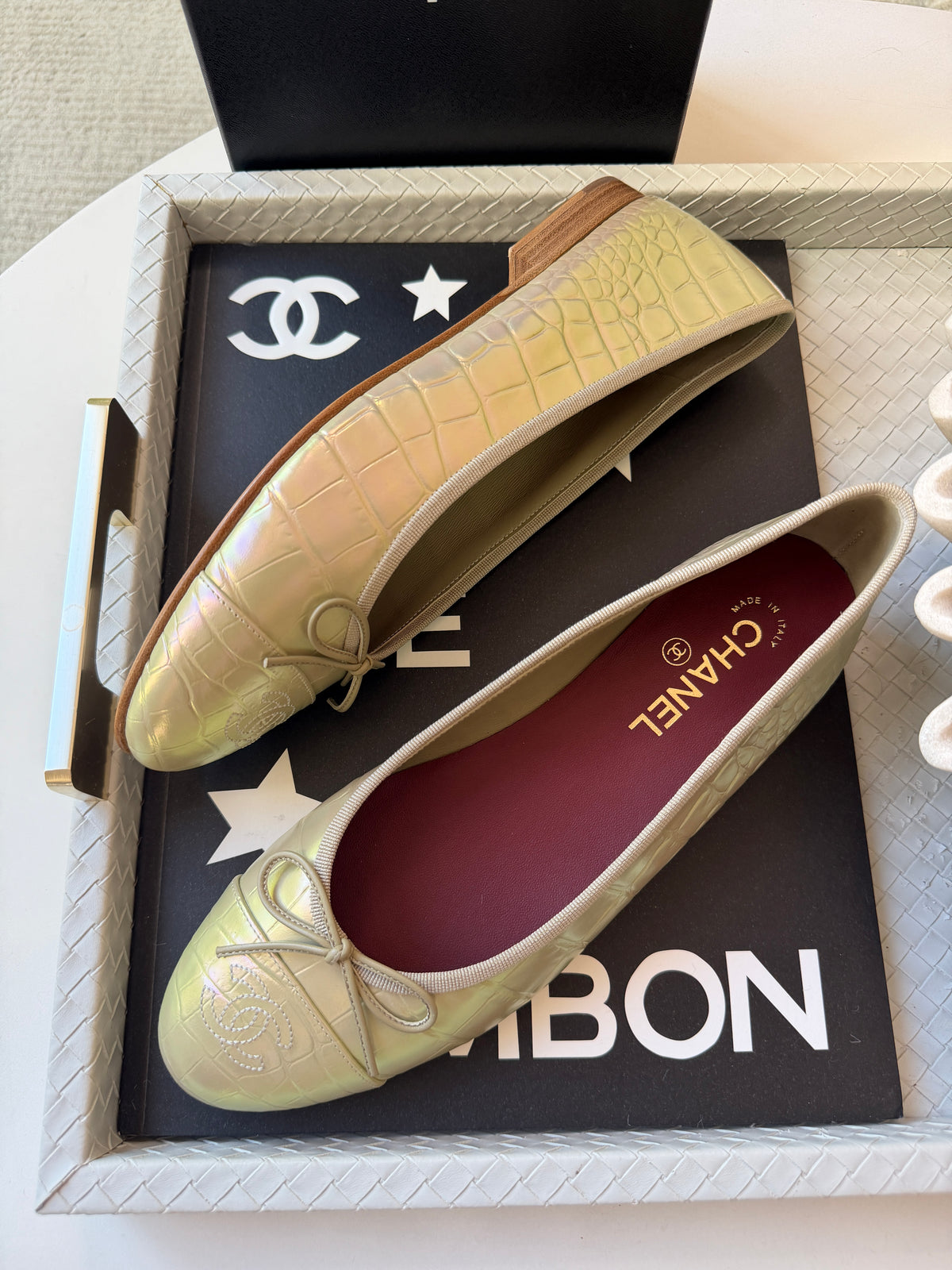 Chanel 26K Yellow Crocodile Croc Embossed Iridescent Cap Toe Ballet Flats
