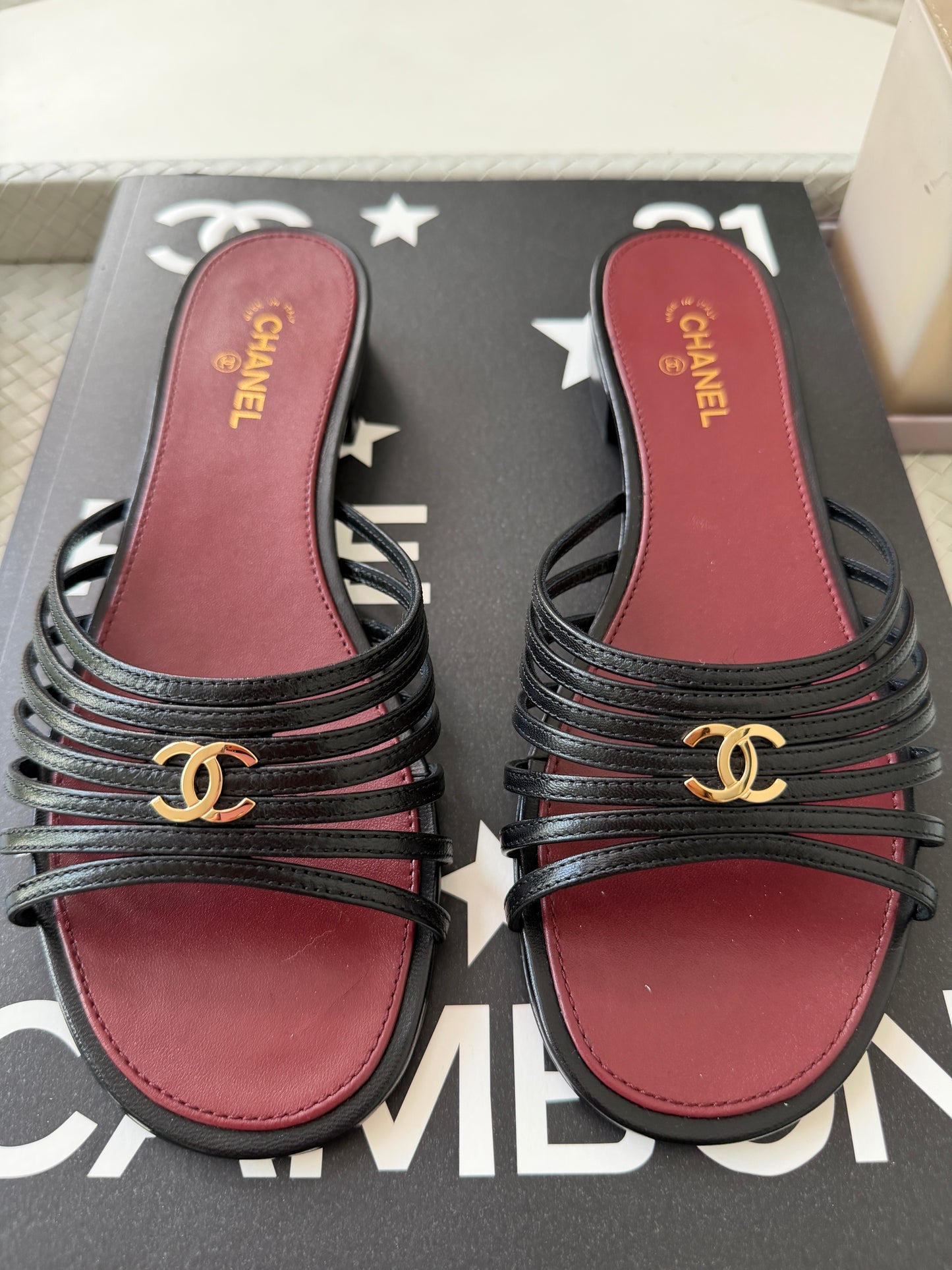 Chanel 2026 Métiers d'Art Blazy Black Leather Strappy Gold CC Logo Flat Sandals Slides