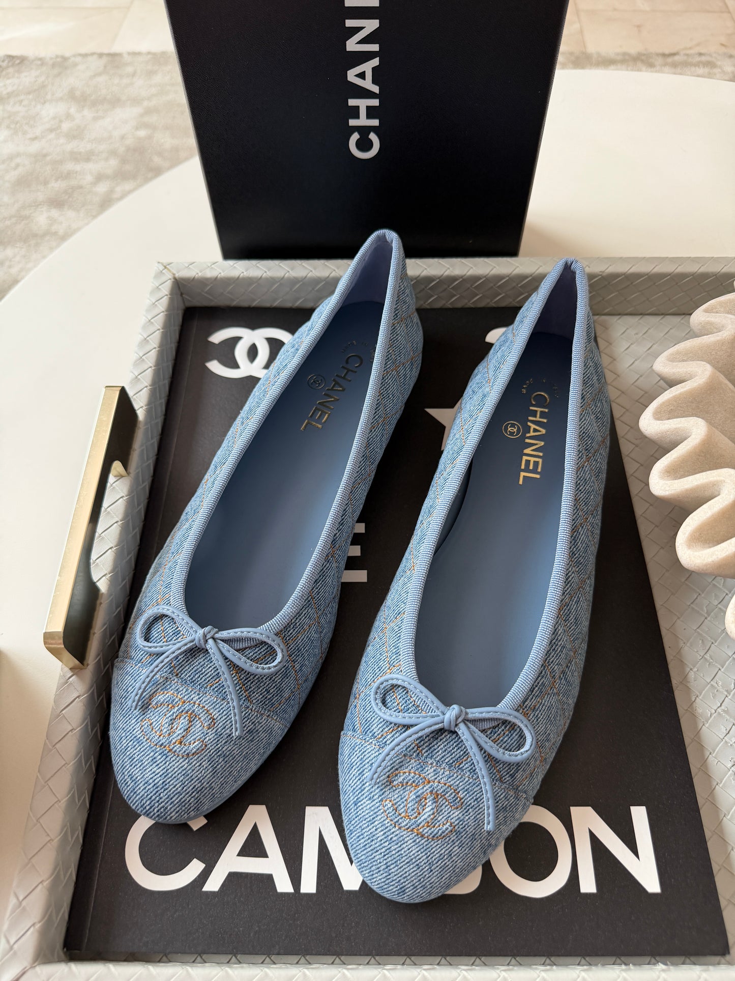 Chanel 26B Blazy Quilted Denim CC Logo Ballet Flats Light Blue Jean Ballerina