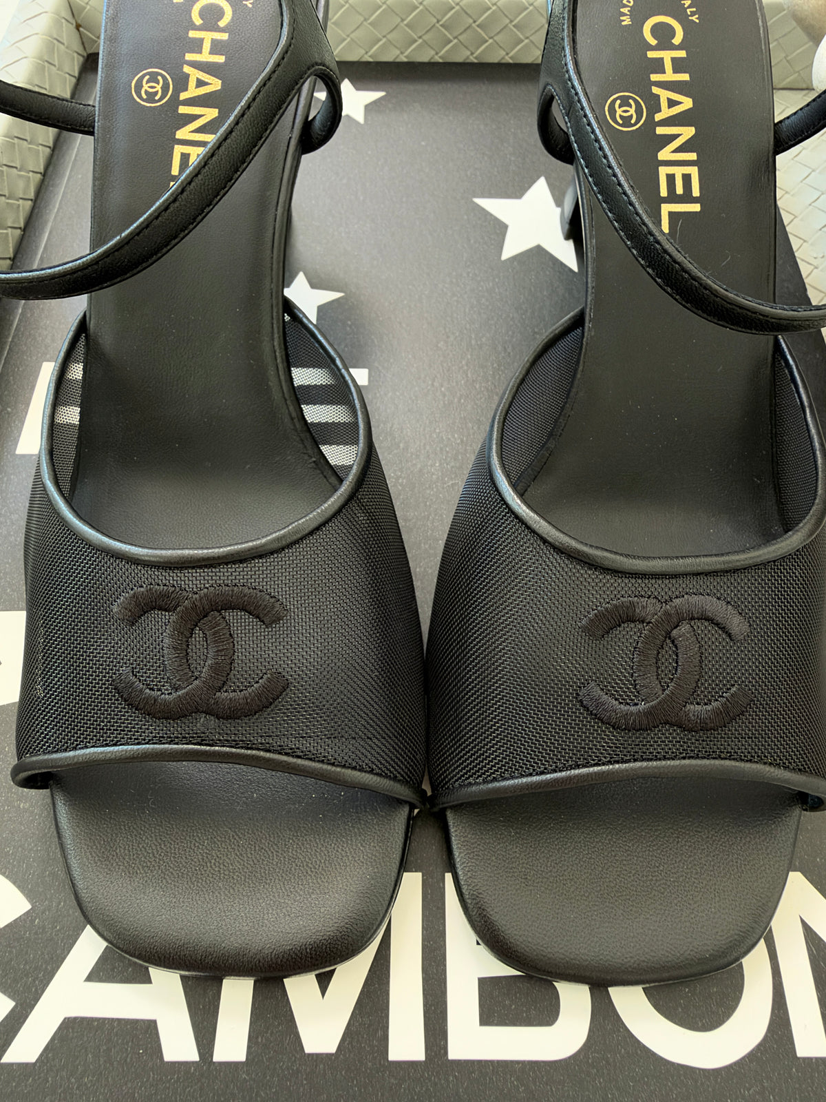 CHANEL 26 BLAZY BLACK MESH LAMBSKIN OPEN TOE CC LOGO SANDALS HEELS SHOES