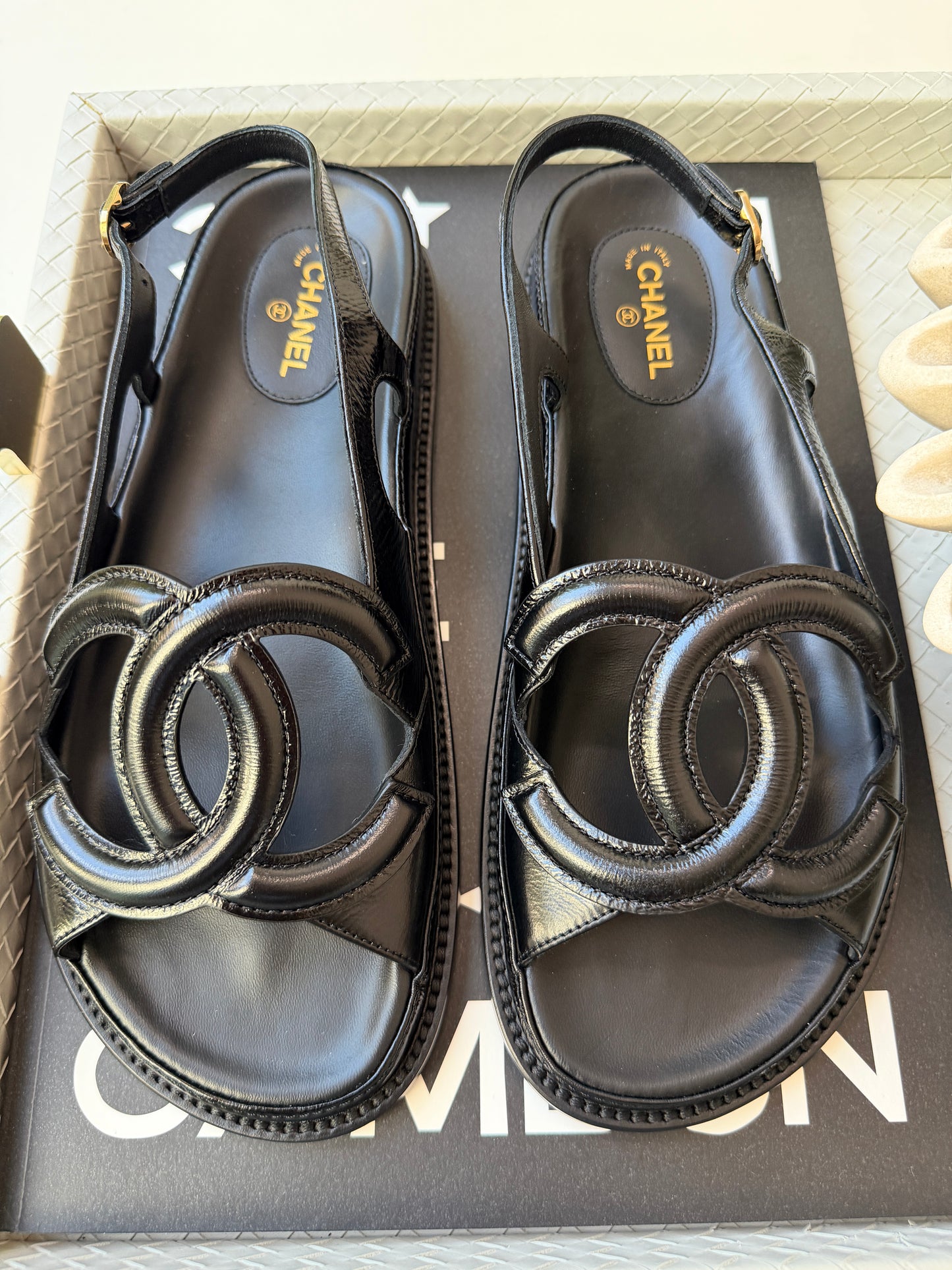Chanel FW 26 Blazy Crumpled Shiny Lambskin Leather Black CC Logo Dad Sandals Slingbacks