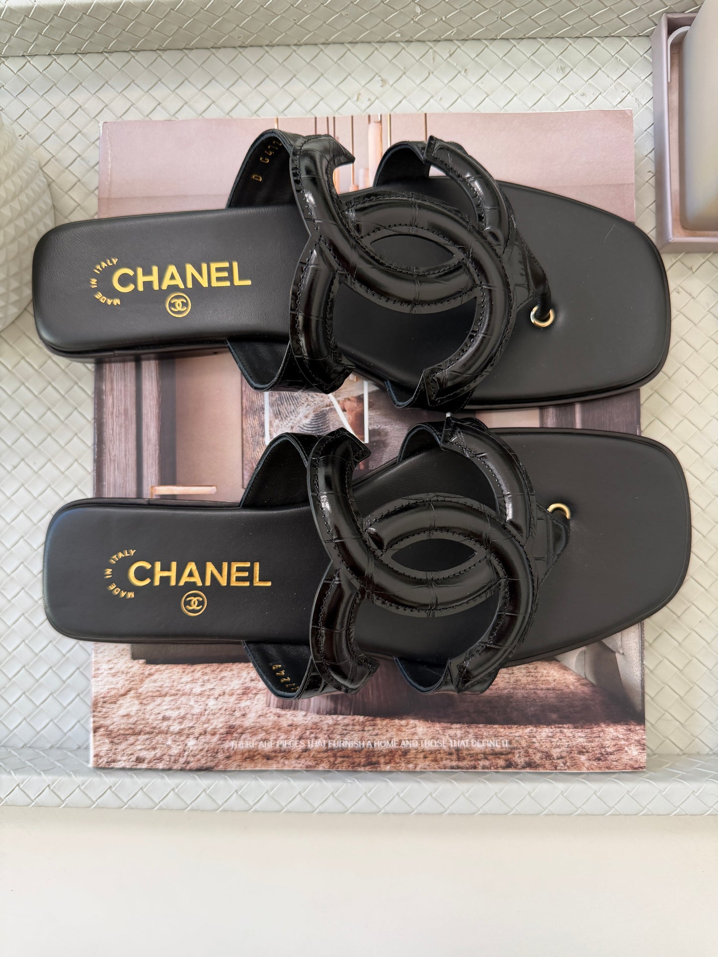 Chanel SS 26 Blazy Black Leather Croc Embossed CC Logo Slides Flat Flip Flop Mules Sandals