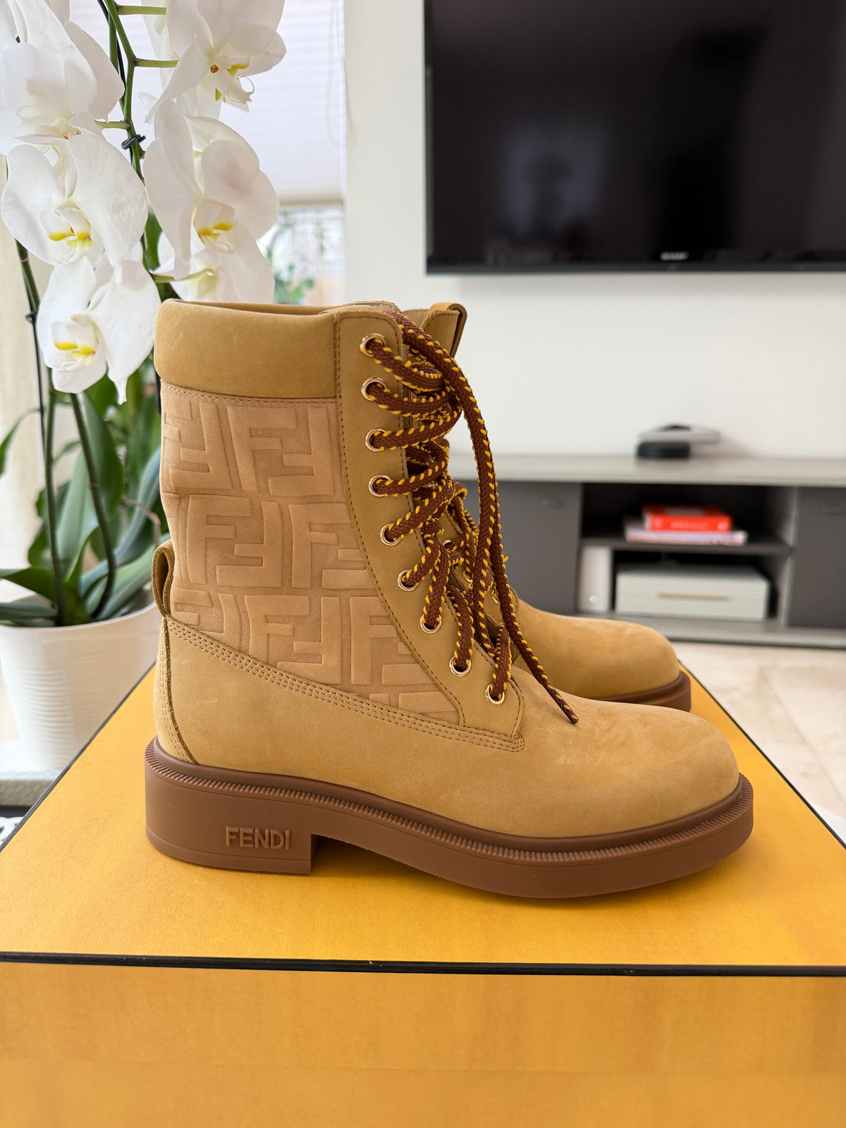 Fendi Filo Beige Nubuck FF Embossed Logo Lace Up Tie Combat Ankle Biker Boots