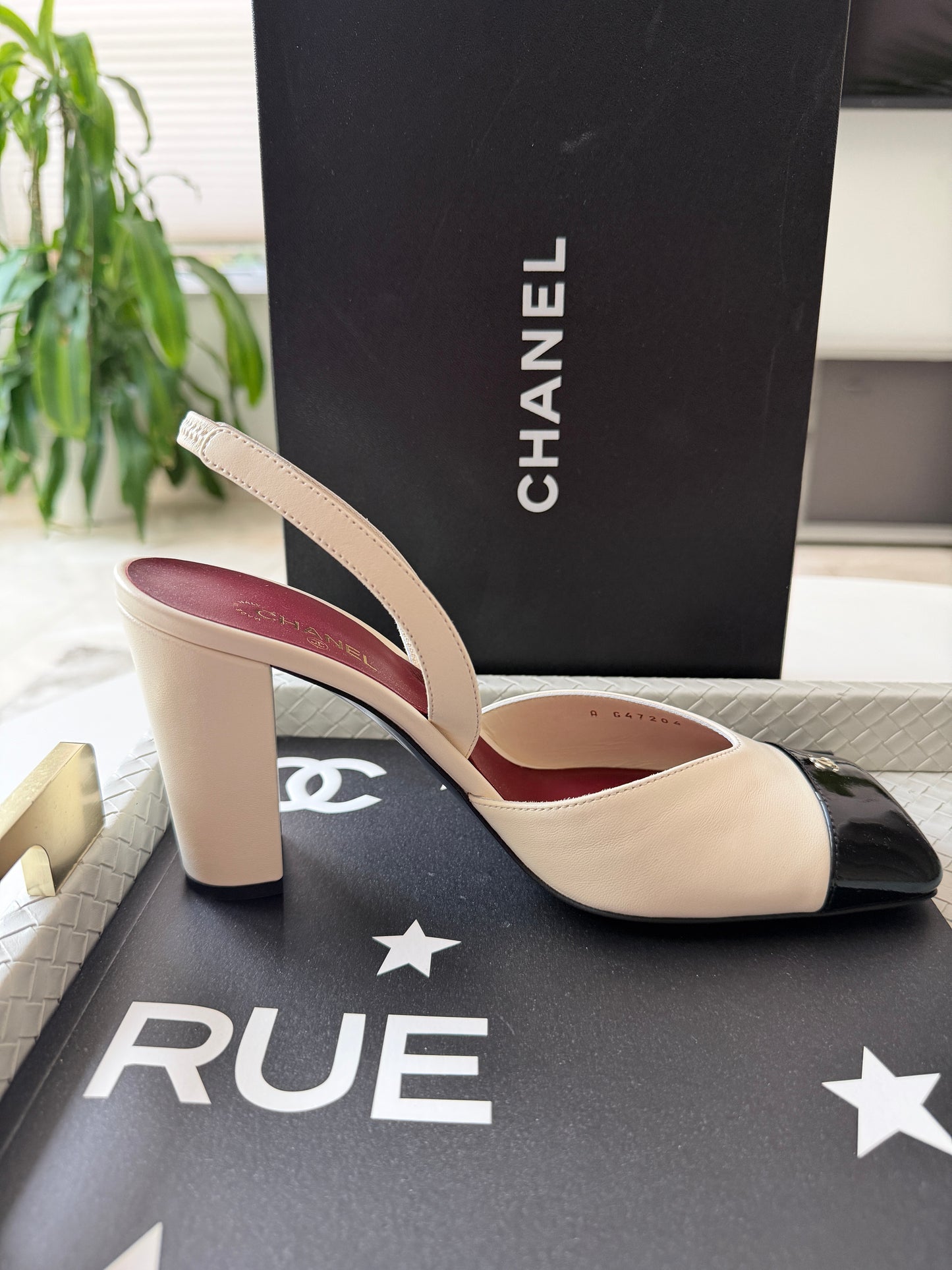 Chanel 26S Blazy Ivory Ecru Black Square Cap Toe Sling CC Slingback Chunky Heel Pumps