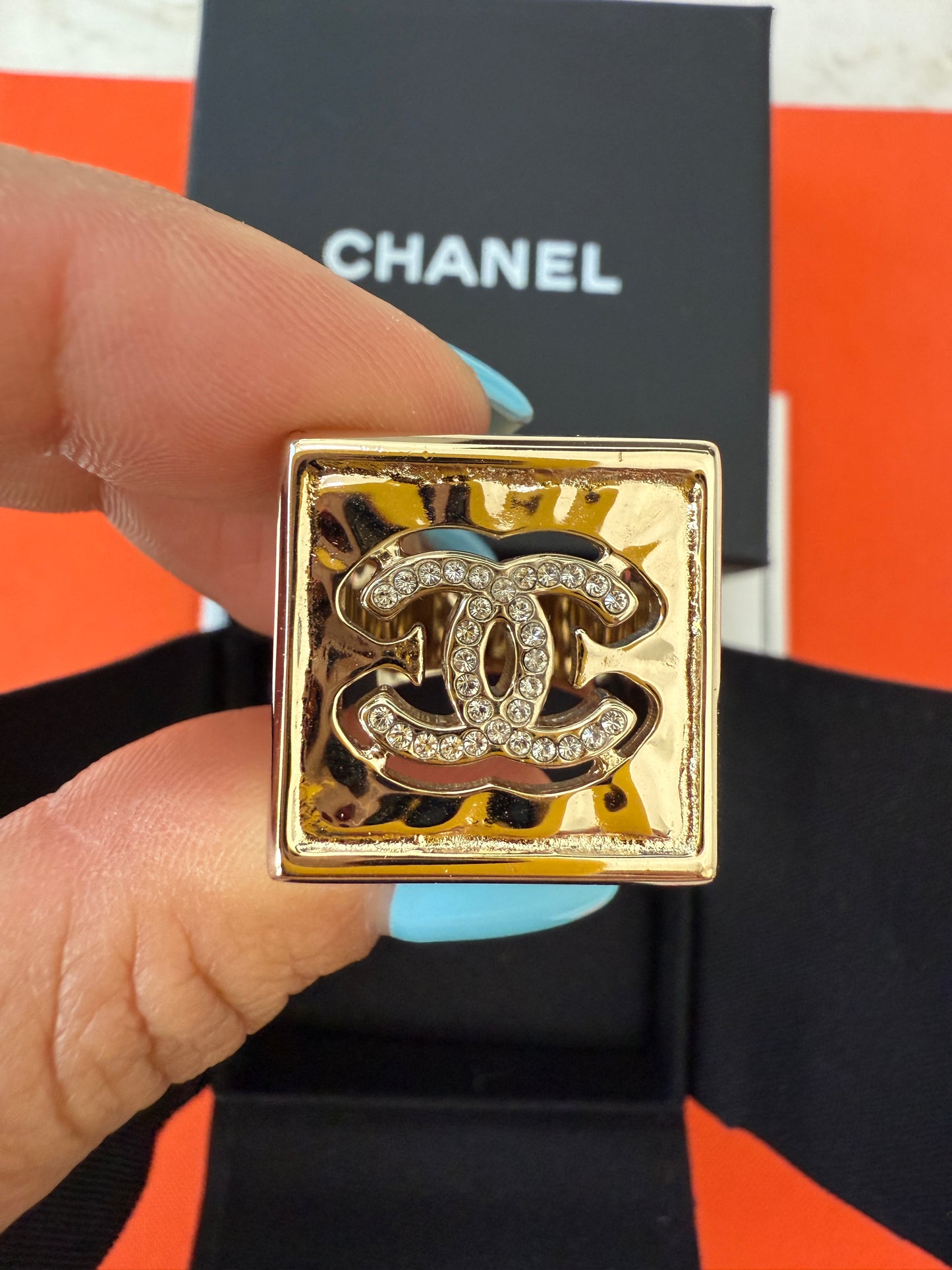 Chanel 22S CC Logo Crystals Strass Crystal Metal Gold Tone Square Ring