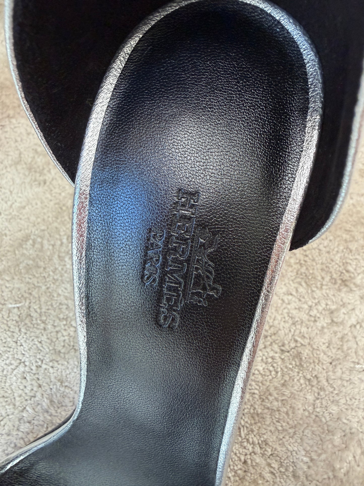 Hermes Joy 105 Gris Argente Metallic Silver Goatskin Leather Ankle Strap Sandal Heels