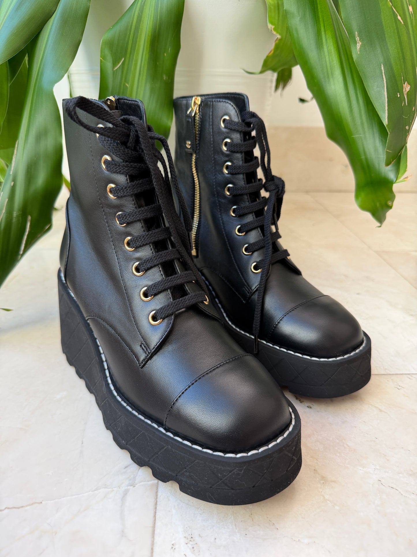 Chanel 2024 Platform Interlocking CC Logo Combat Wedge Lambskin Lace Up Ankle Boots