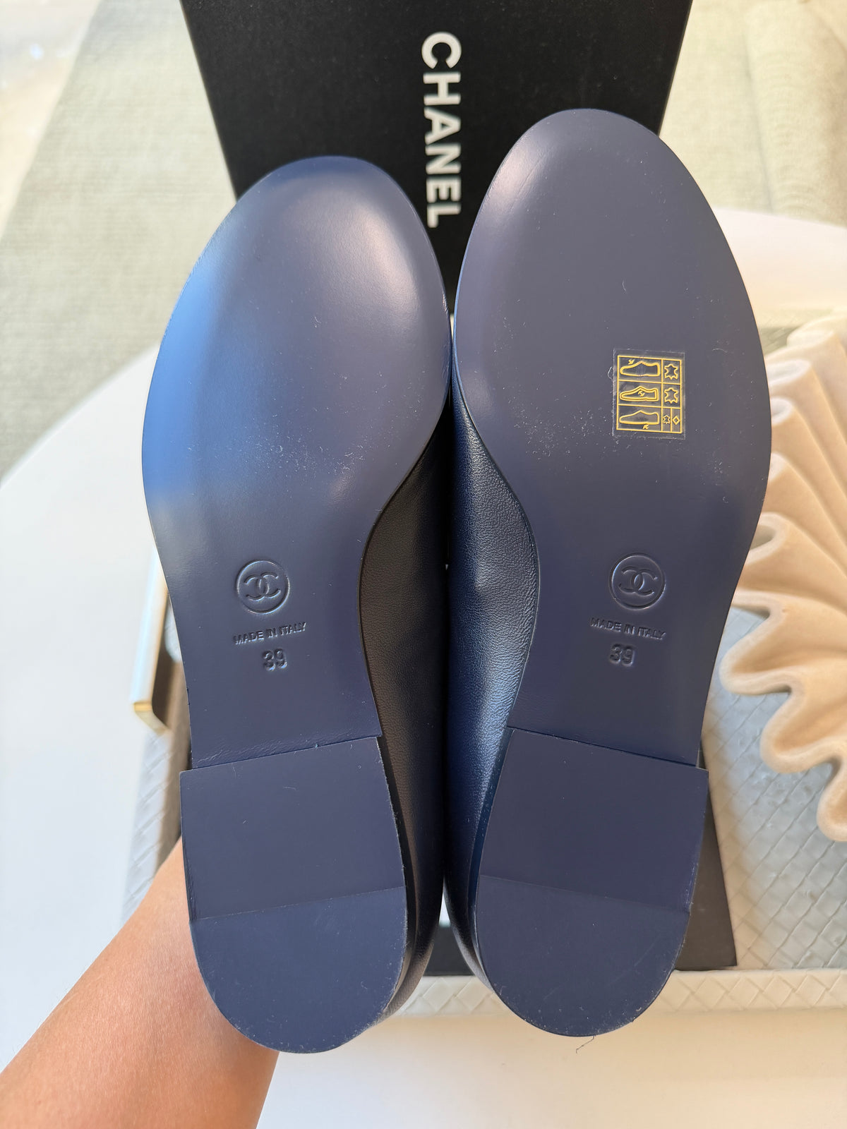 Chanel 2024 Classic Lambskin Leather Navy Blue Enamel CC Logo Moccasins Loafers Flats Shoes