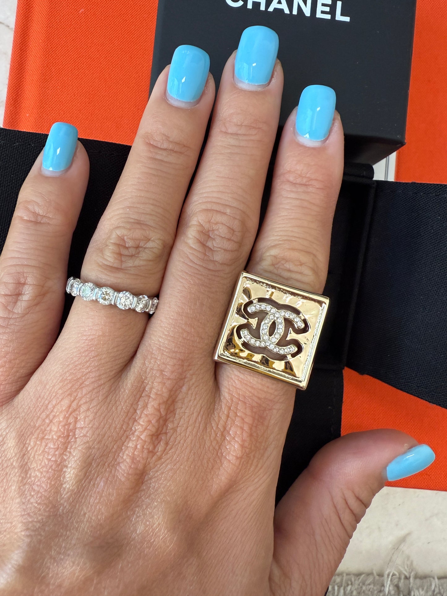 Chanel 22S CC Logo Crystals Strass Crystal Metal Gold Tone Square Ring