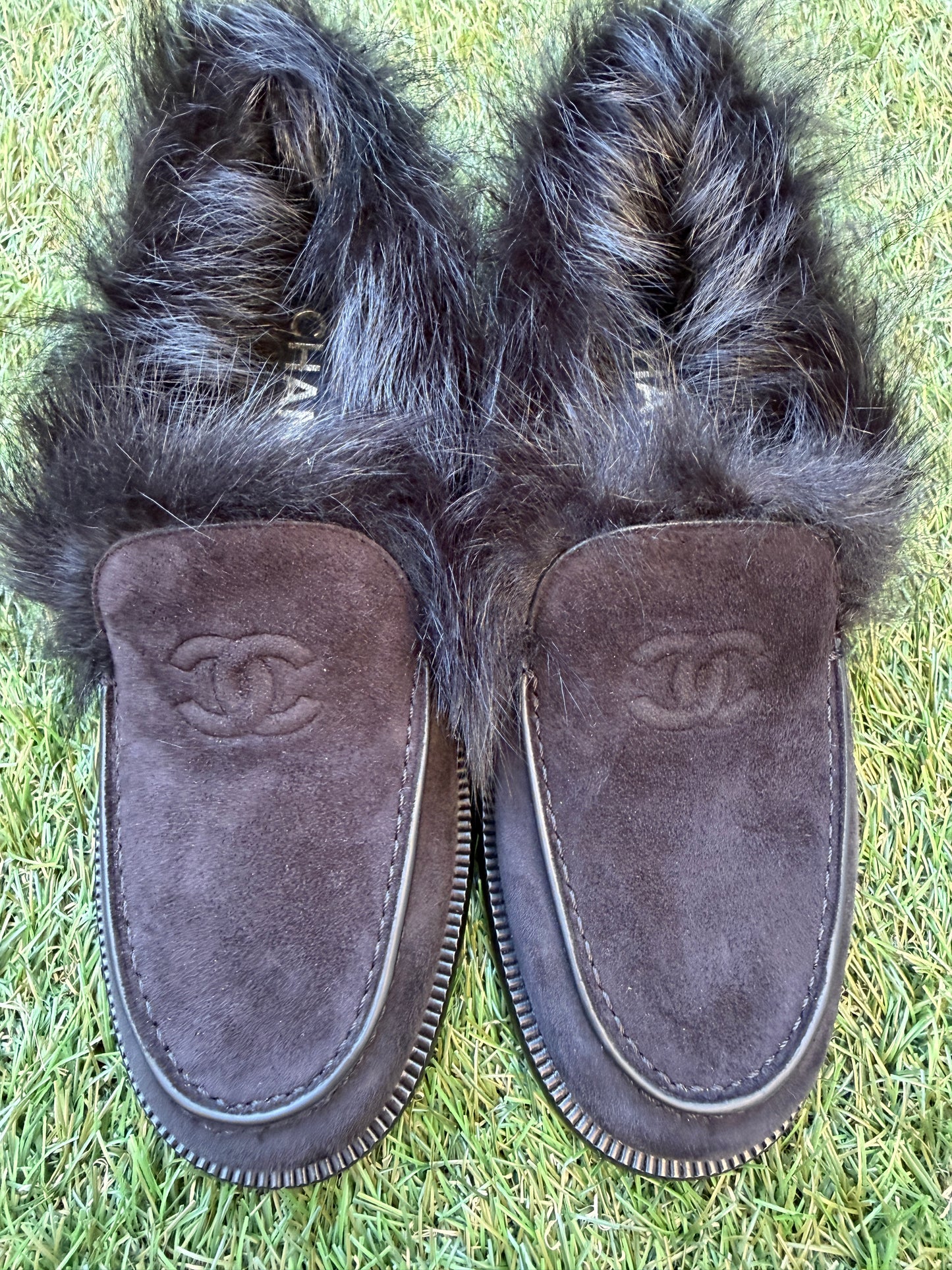 CHANEL COCO NEIGE 25/26 BLACK SUEDE LEATHER FUR SHEARLING LOAFERS MOCCASSINS