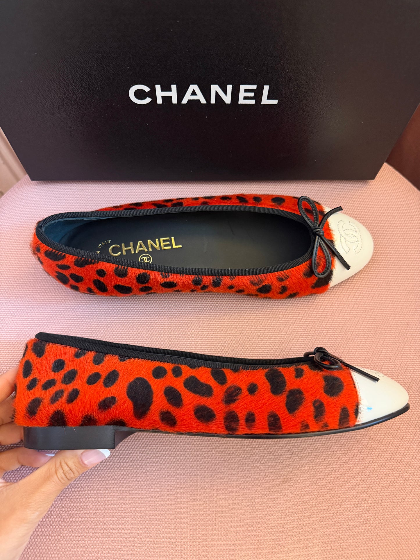 Chanel MÉTIERS D’ART 26 Red Orange Black White Pony Hair Animal Print Ballet Flats