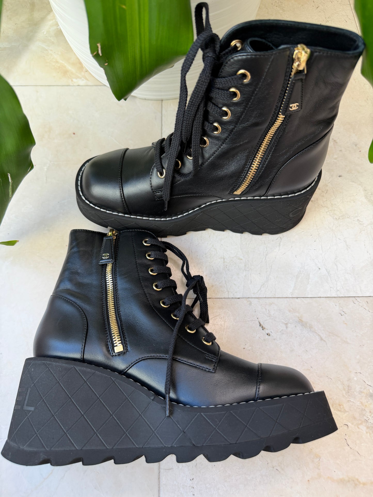 Chanel 2024 Platform Interlocking CC Logo Combat Wedge Lambskin Lace Up Ankle Boots