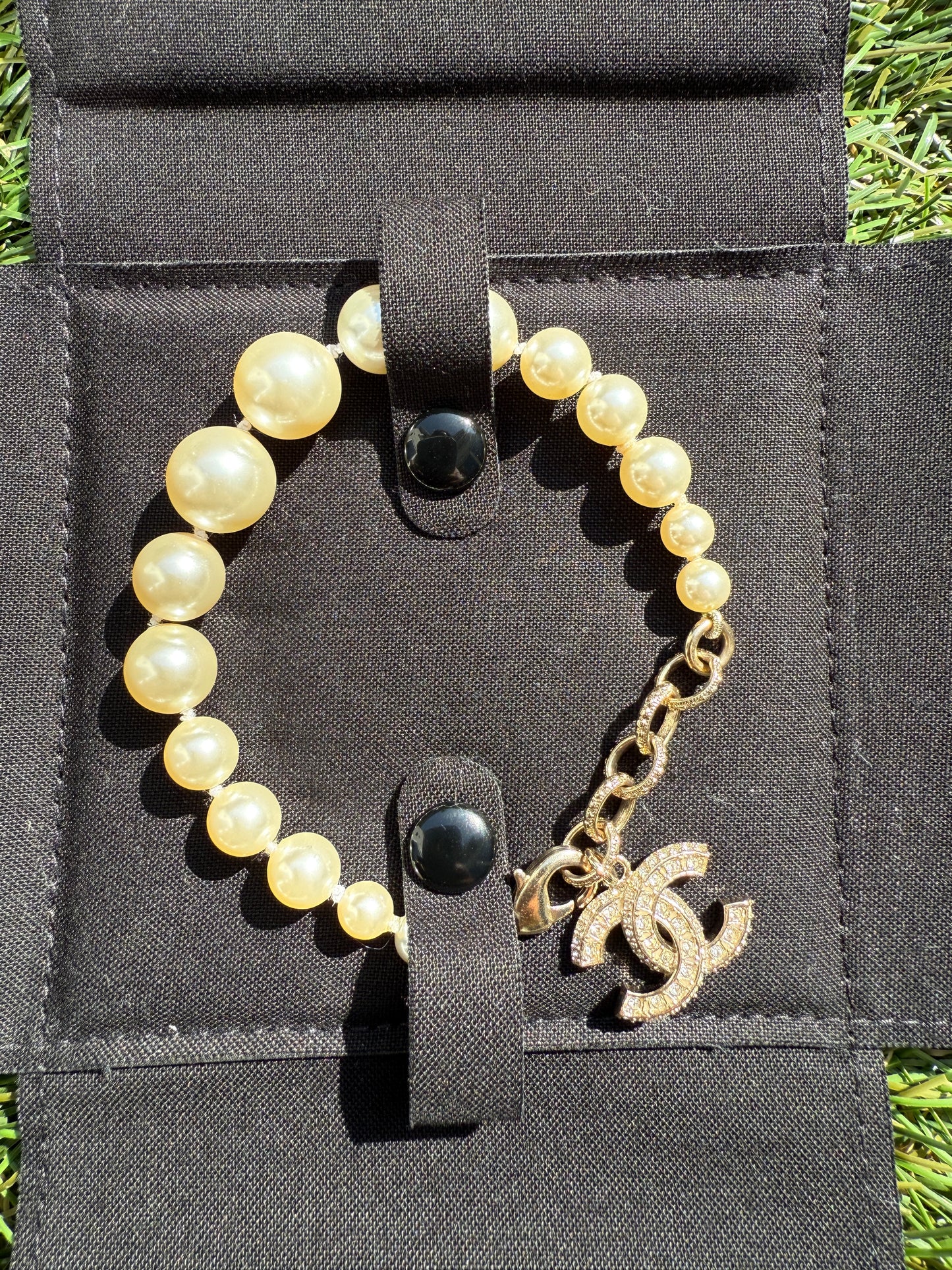 Chanel 19V Graduated Pearl Pearls Crystal Crystals CC Logo Charm Pendant Gold Tone Bracelet