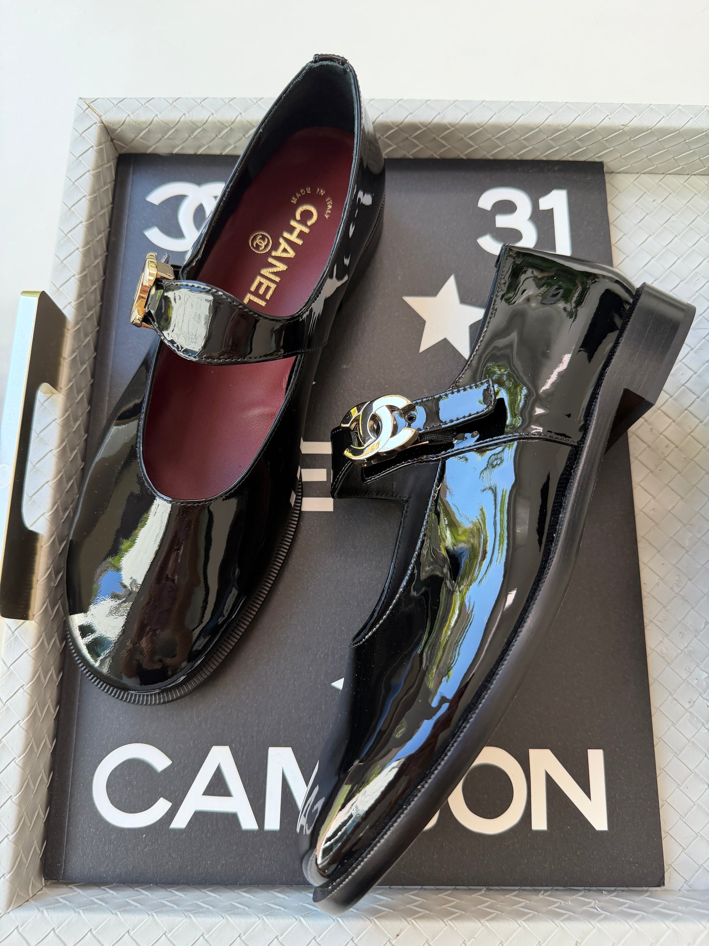 CHANEL 26B BLACK PATENT LEATHER MARYJANES GOLD CC LOGO ADJUSTABLE LOCK FLATS