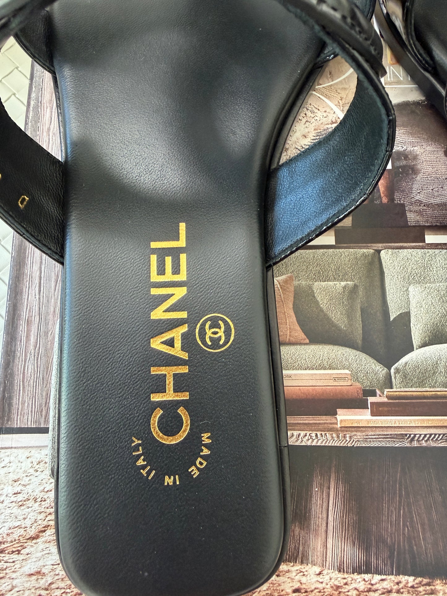 Chanel SS 26 Blazy Black Leather Croc Embossed CC Logo Slides Flat Flip Flop Mules Sandals