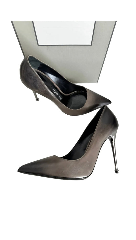 Tom Ford Iconic Gray Black Ombre Tinted Leather Metal Heel Pumps