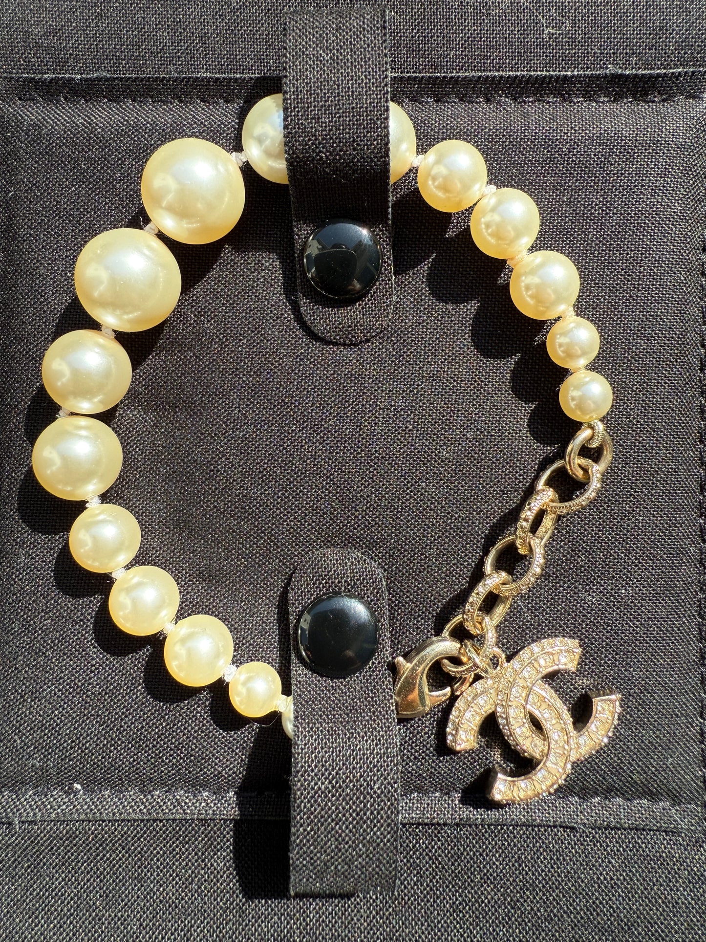 Chanel 19V Graduated Pearl Pearls Crystal Crystals CC Logo Charm Pendant Gold Tone Bracelet