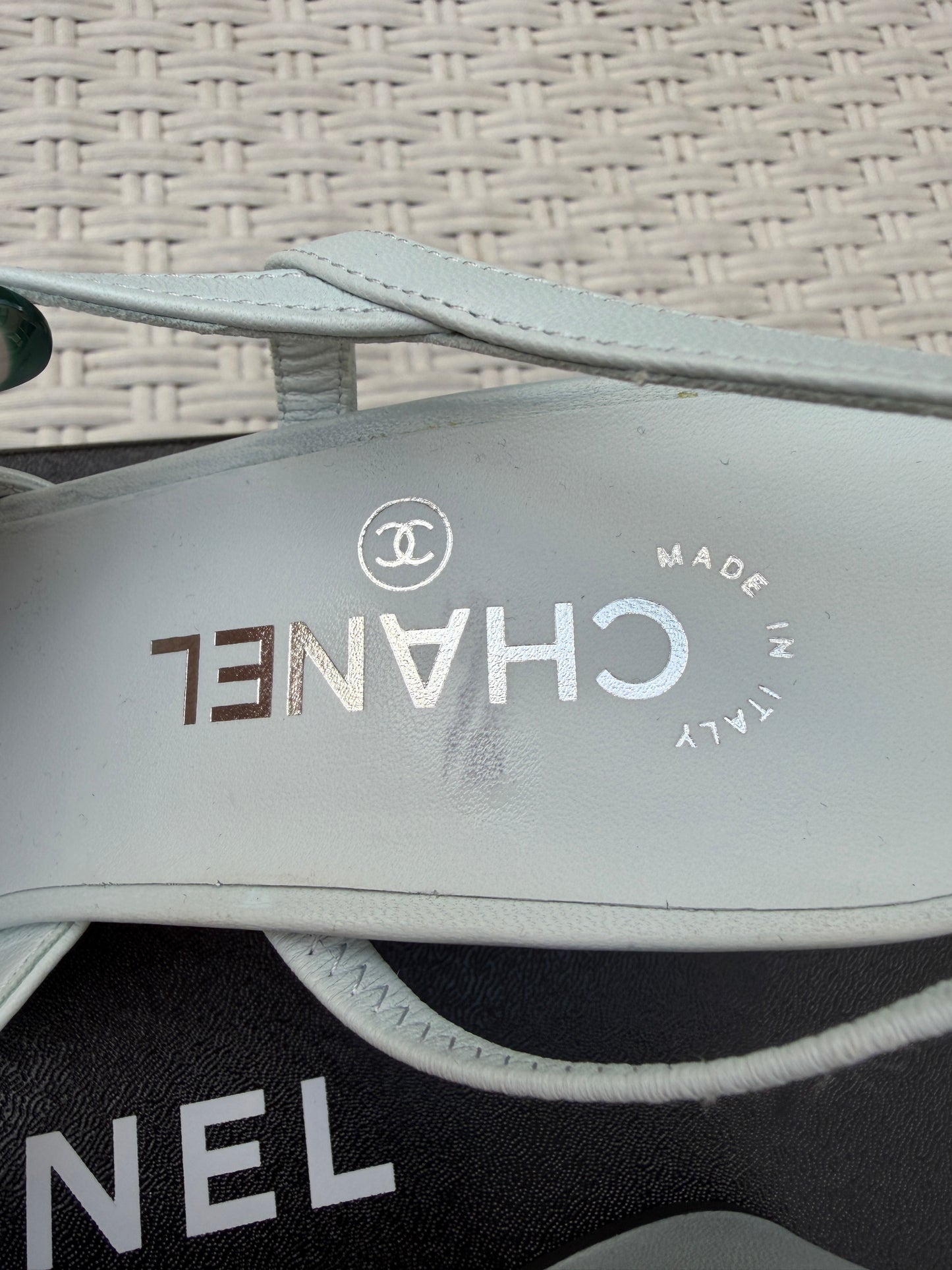 CHANEL CLASSIC LOGO LIGHT BLUE LEATHER SLINGBACK LOW HEEL SLINGBACKS CAP TOE