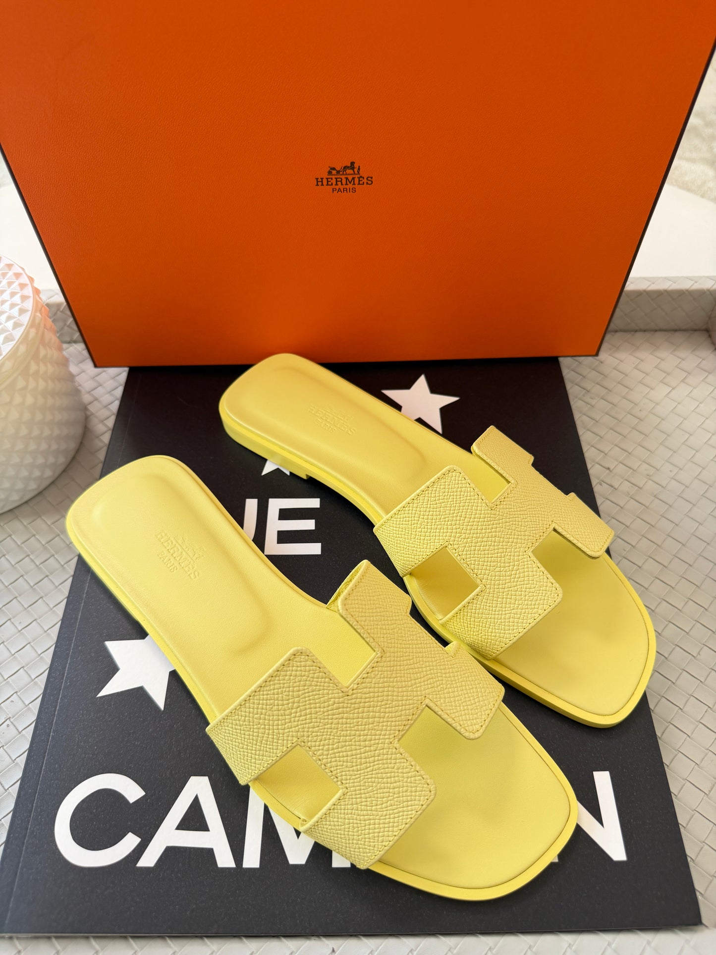 HERMES Oran Bright Yellow Jaune D'orge Epsom Leather Logo Sandals Flats Mules
