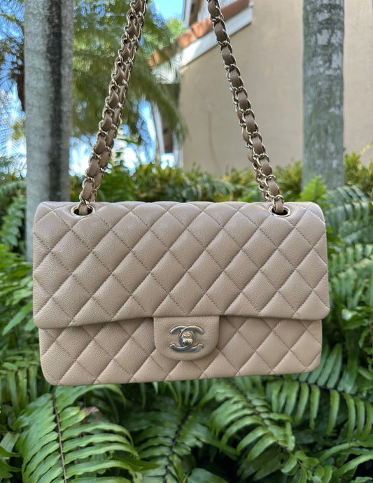 CHANEL DARK BEIGE CAVIAR LEATHER MEDIUM CLASSIC DOUBLE FLAP BAG LIGHT GOLD HARDWARE