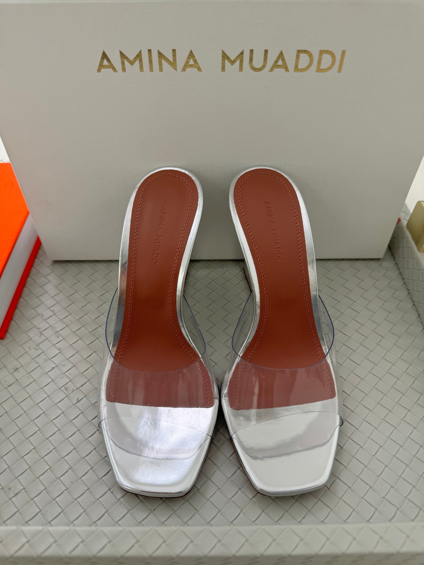 Amina Muaddi Lupita Glass Wedge PVC Clear Silver Mule Sandals Heel Shoes