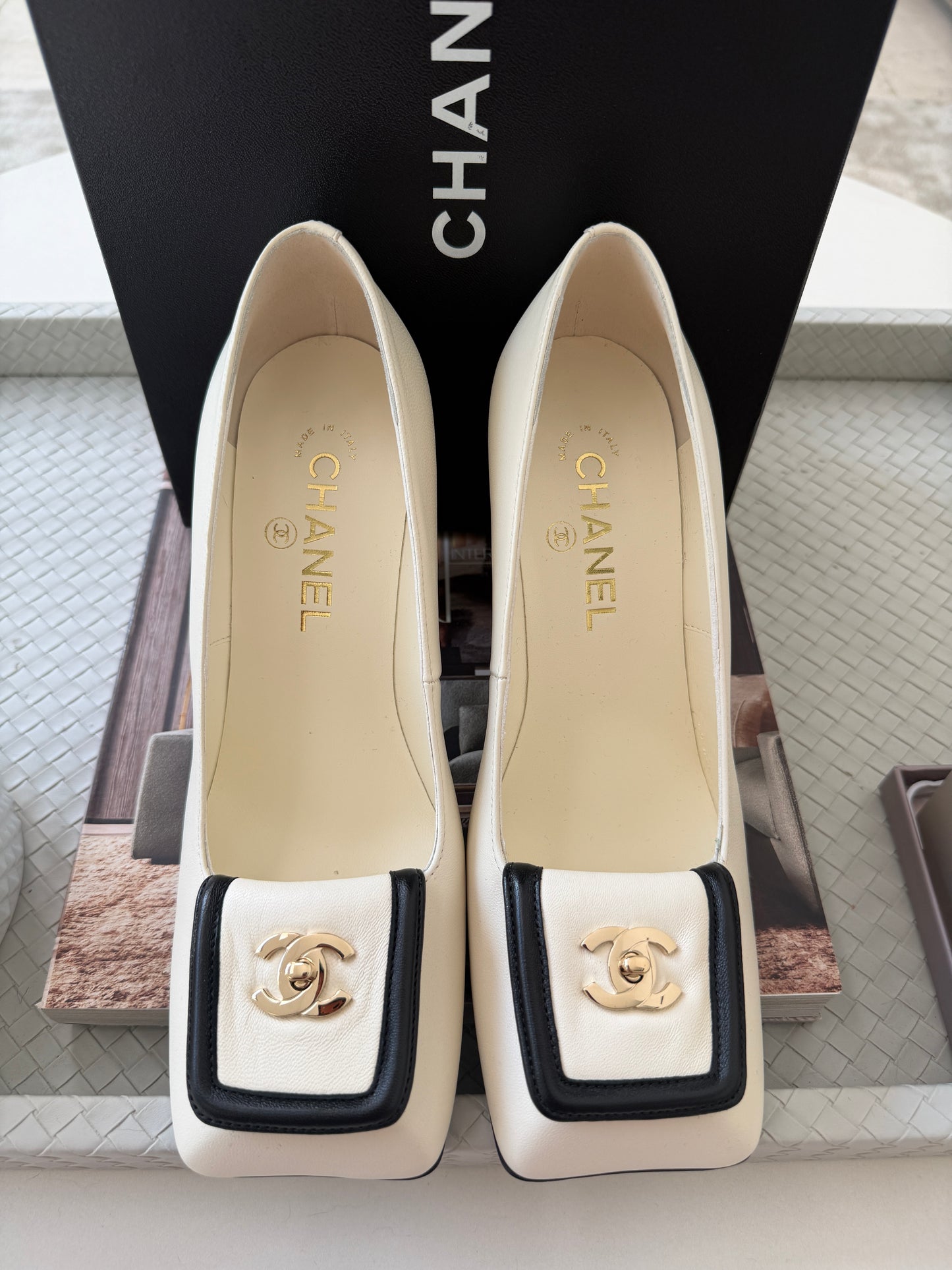 Chanel SS 26 Blazy Ivory Black Lambskin Square Toe CC Logo Turn-lock Pumps Heels