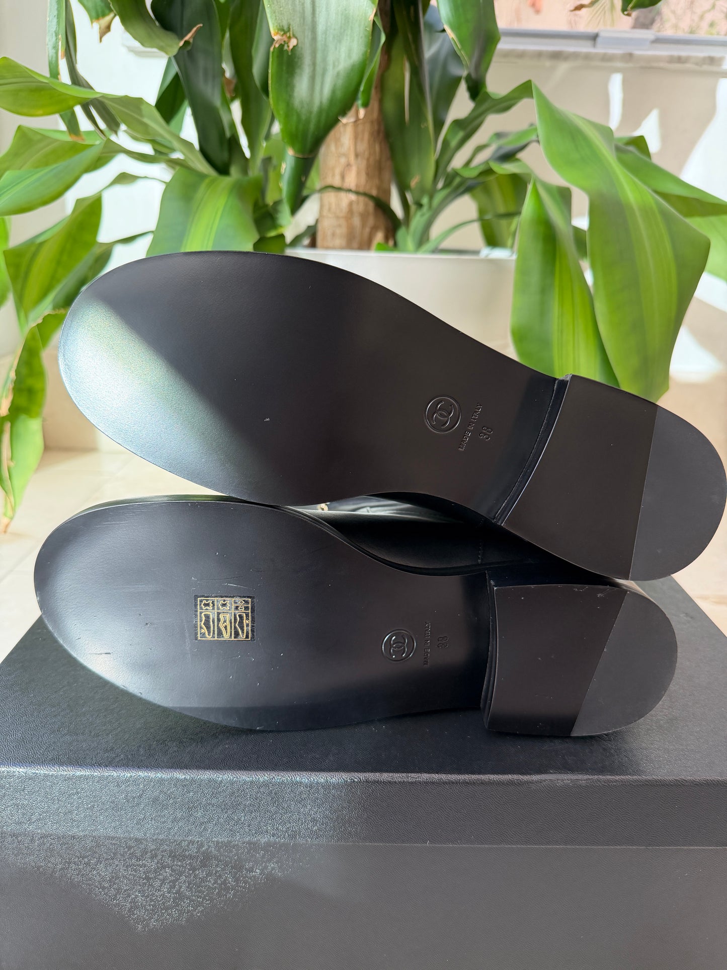 Chanel Calfskin CC Chain Logo Clover Gold Chain Charms Black Leather Boots Ankle Flat Booties